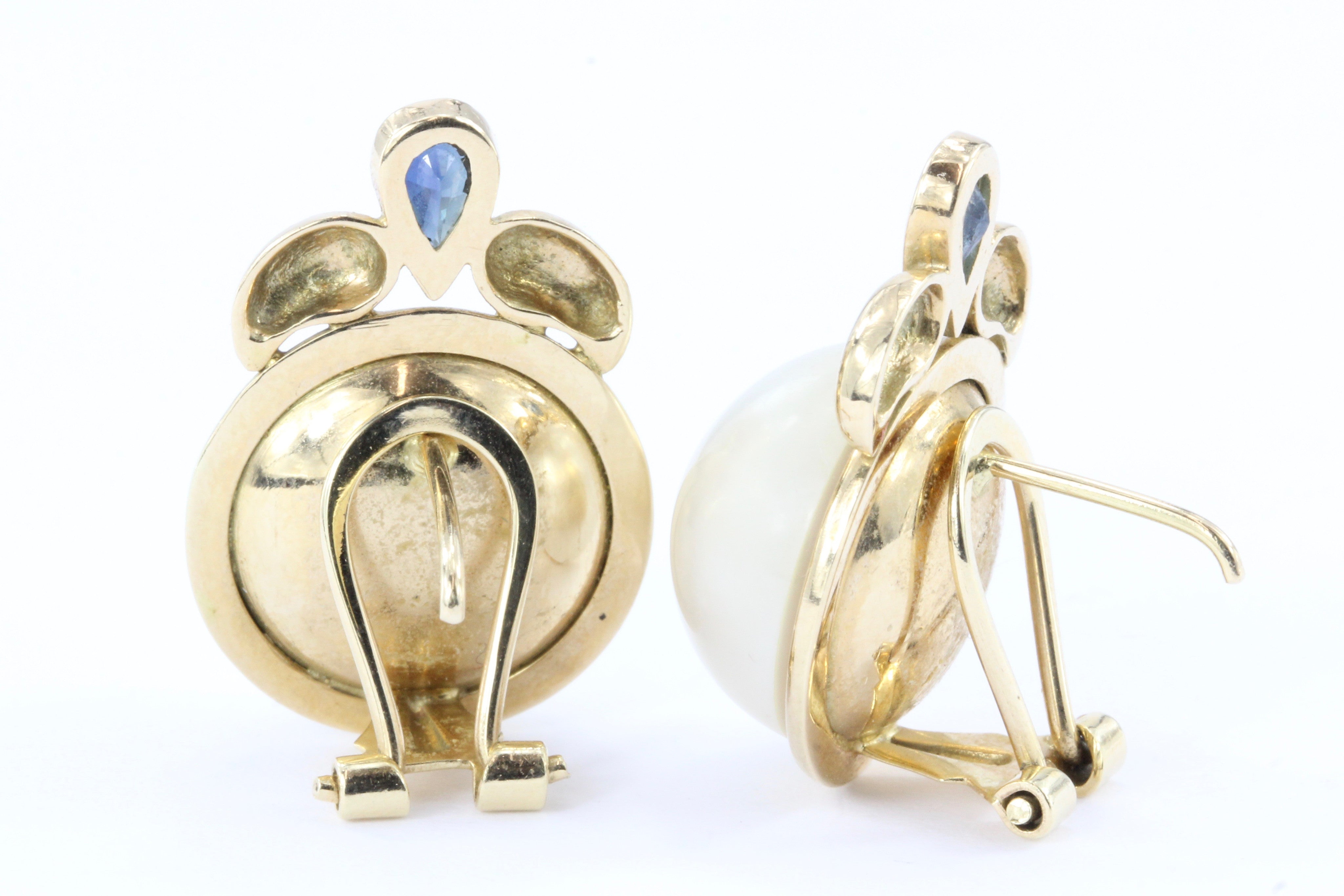 14K Gold Sapphire & 13.5 mm Mabe Pearl Earrings - Queen May