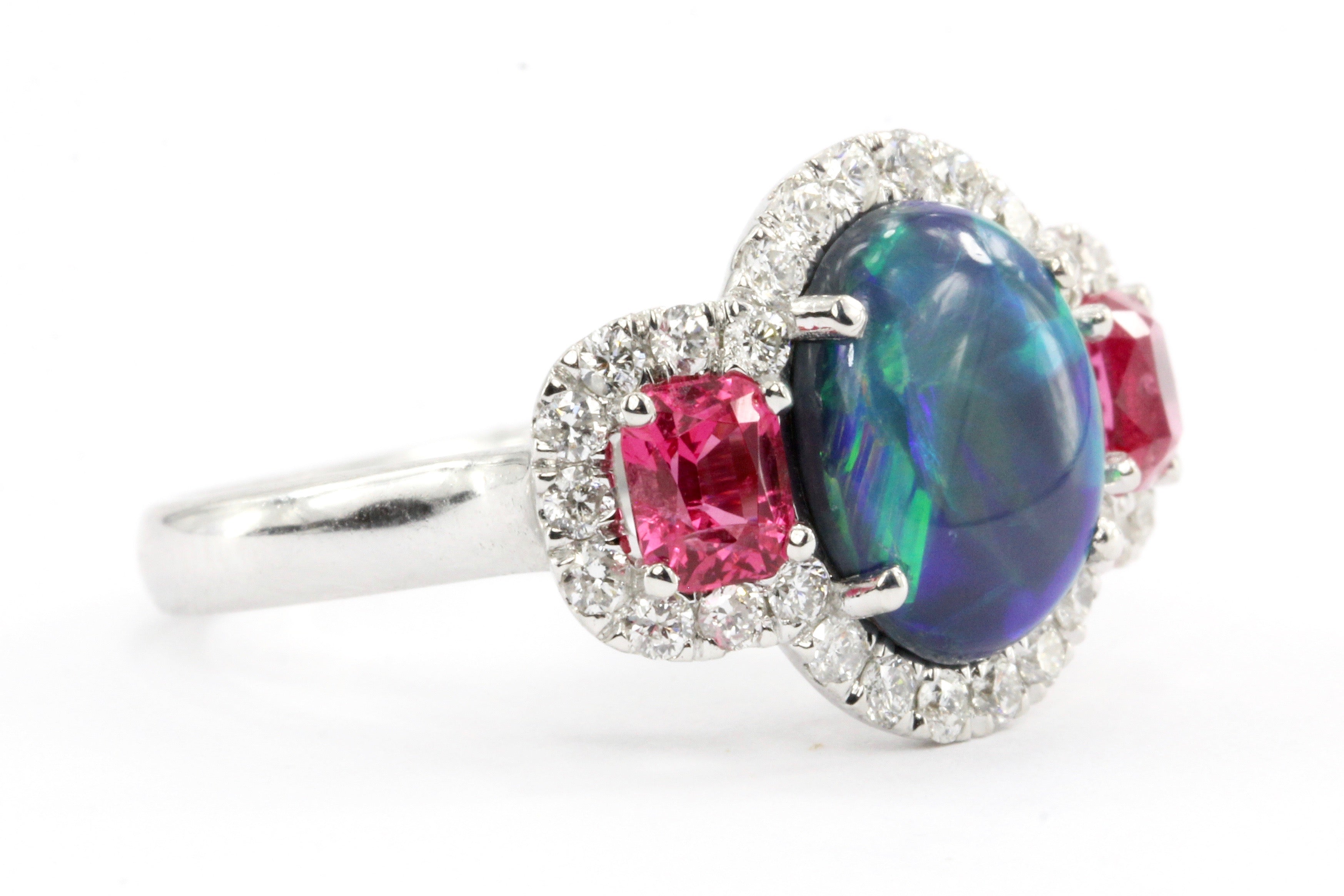 18K White Gold Australian Black Opal, Jedi Spinel & Diamond Ring - Queen May