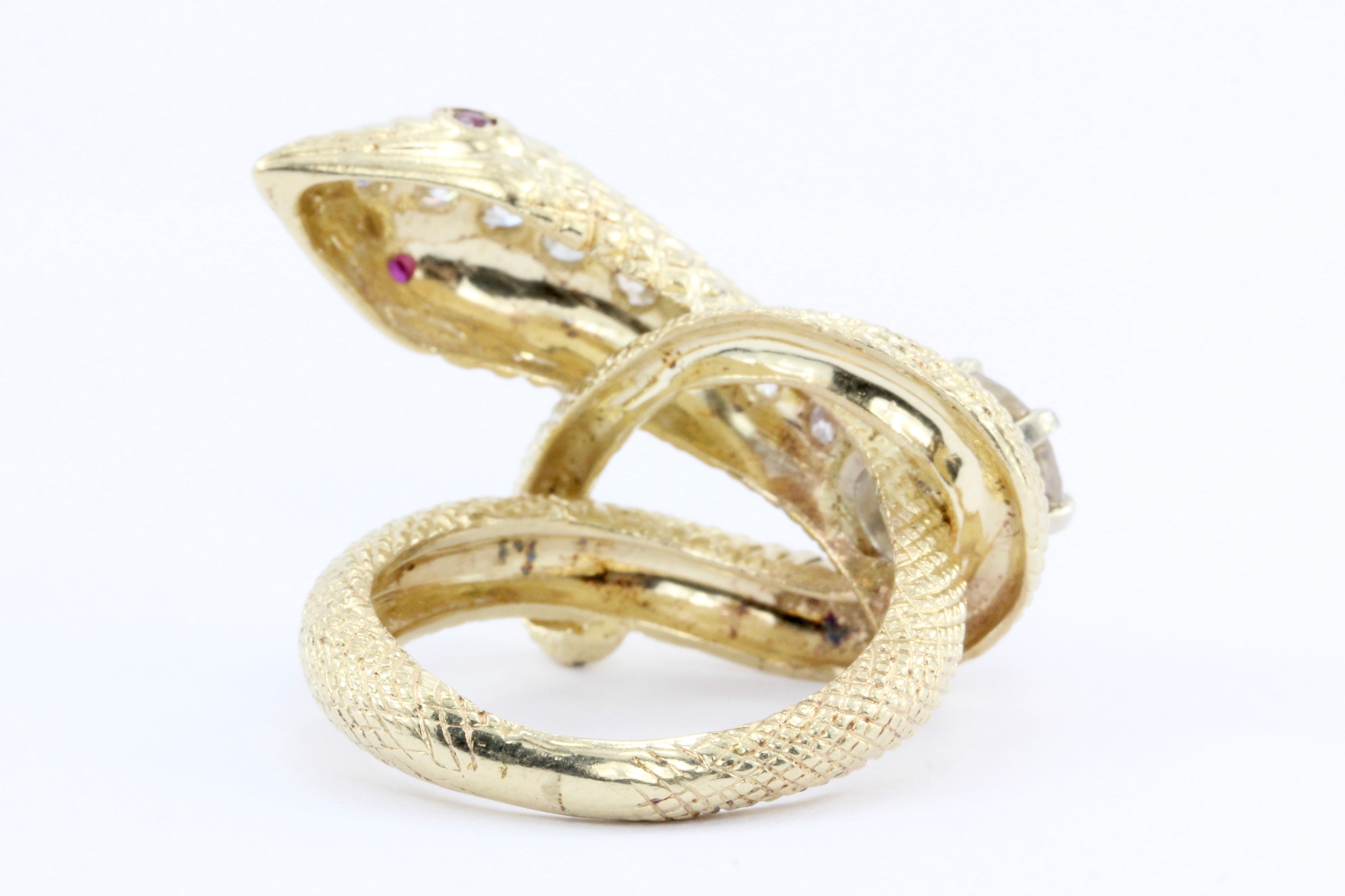 Retro 14K Gold Champagne Diamond & Ruby Coiled Snake Ring c.1950's - Queen May