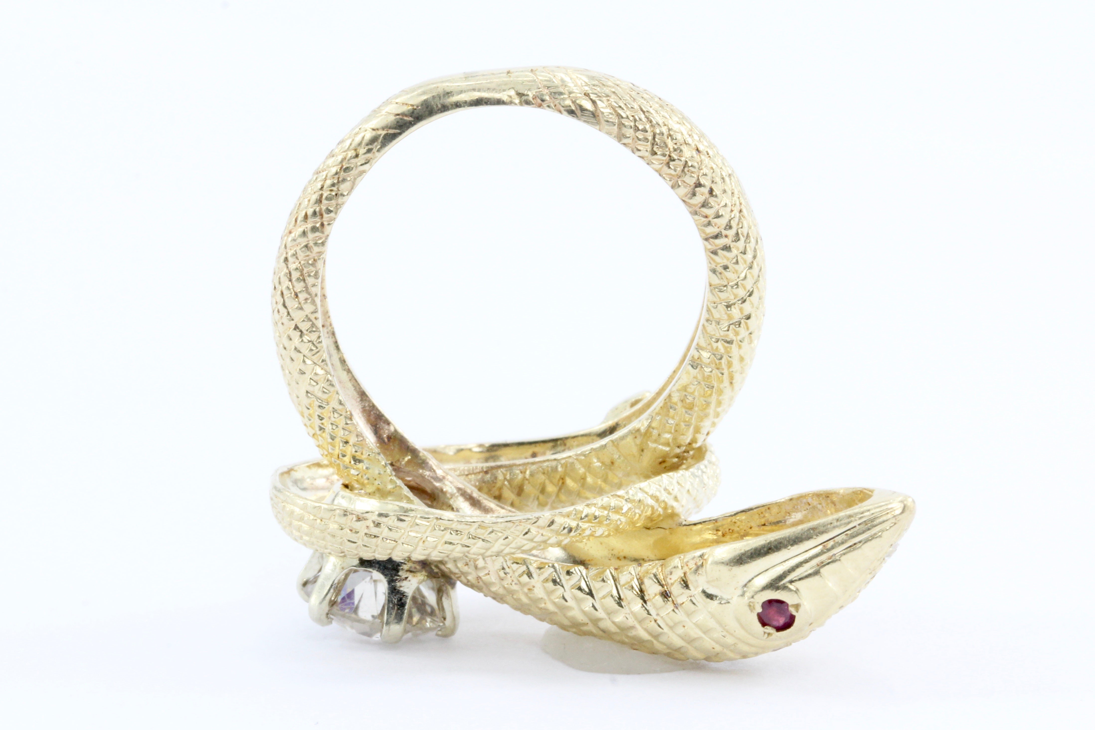 Retro 14K Gold Champagne Diamond & Ruby Coiled Snake Ring c.1950's - Queen May