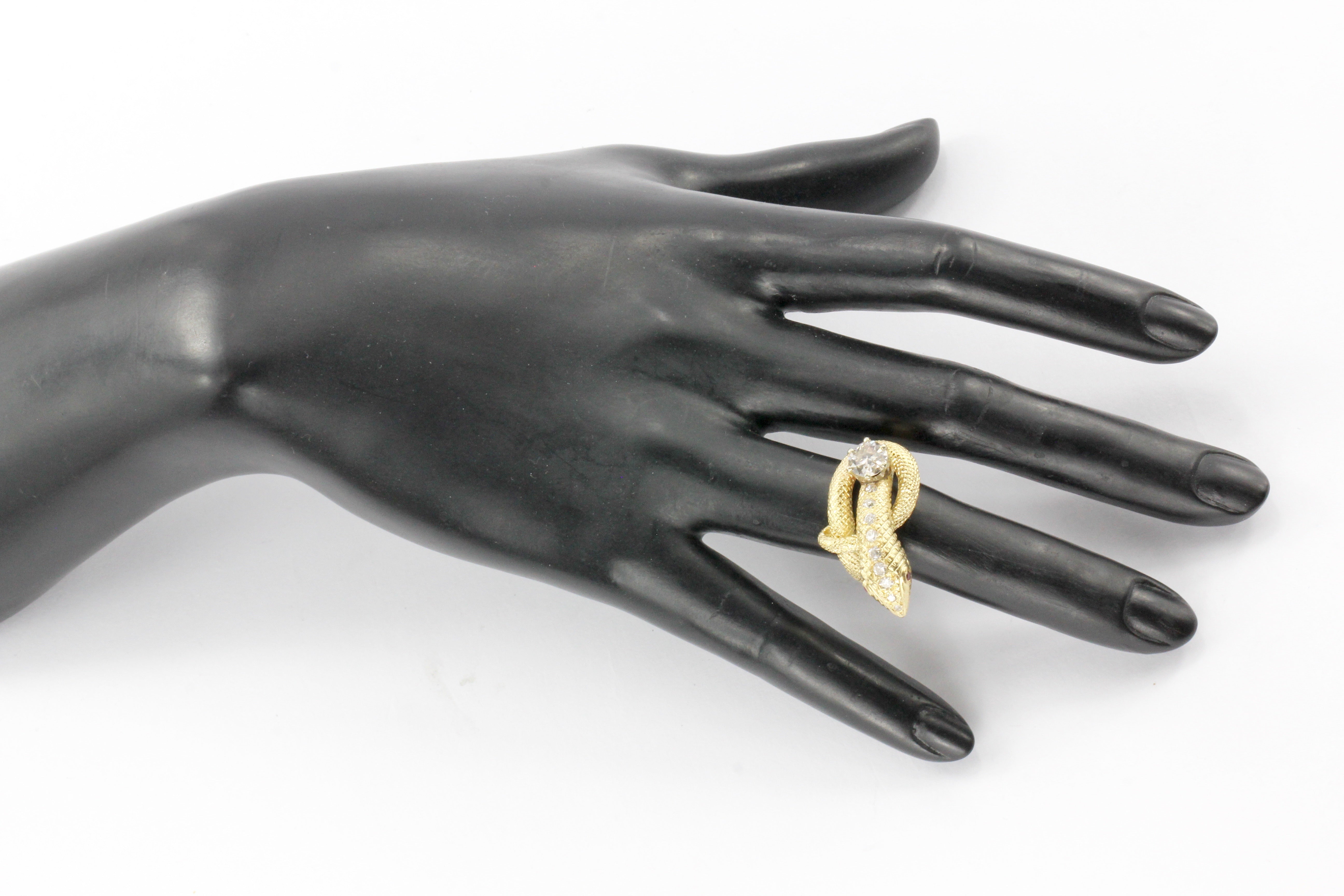 Retro 14K Gold Champagne Diamond & Ruby Coiled Snake Ring c.1950's - Queen May
