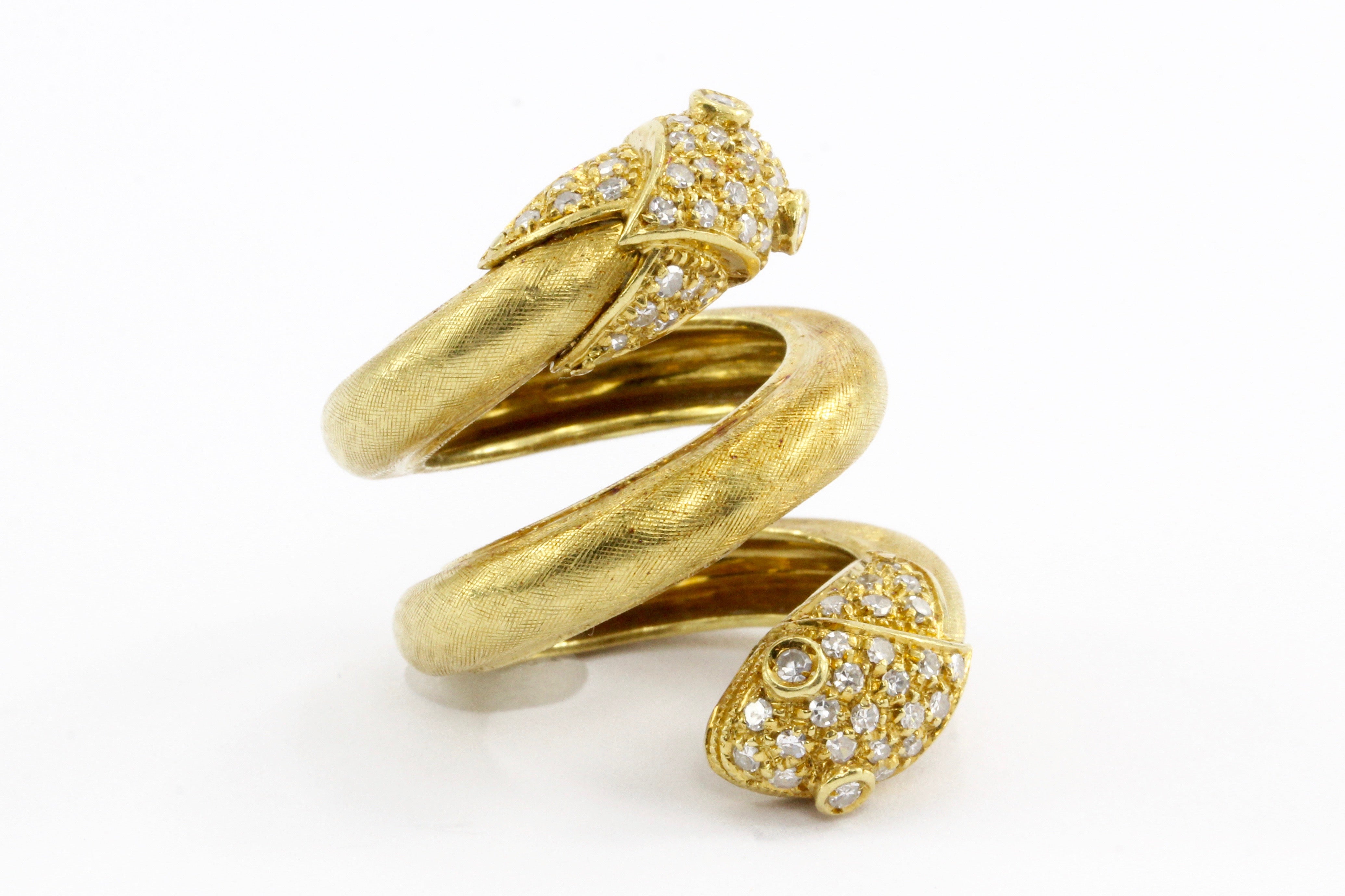 Retro 18K Gold & Diamond Double Headed Snake Ring c.1970's - Queen May
