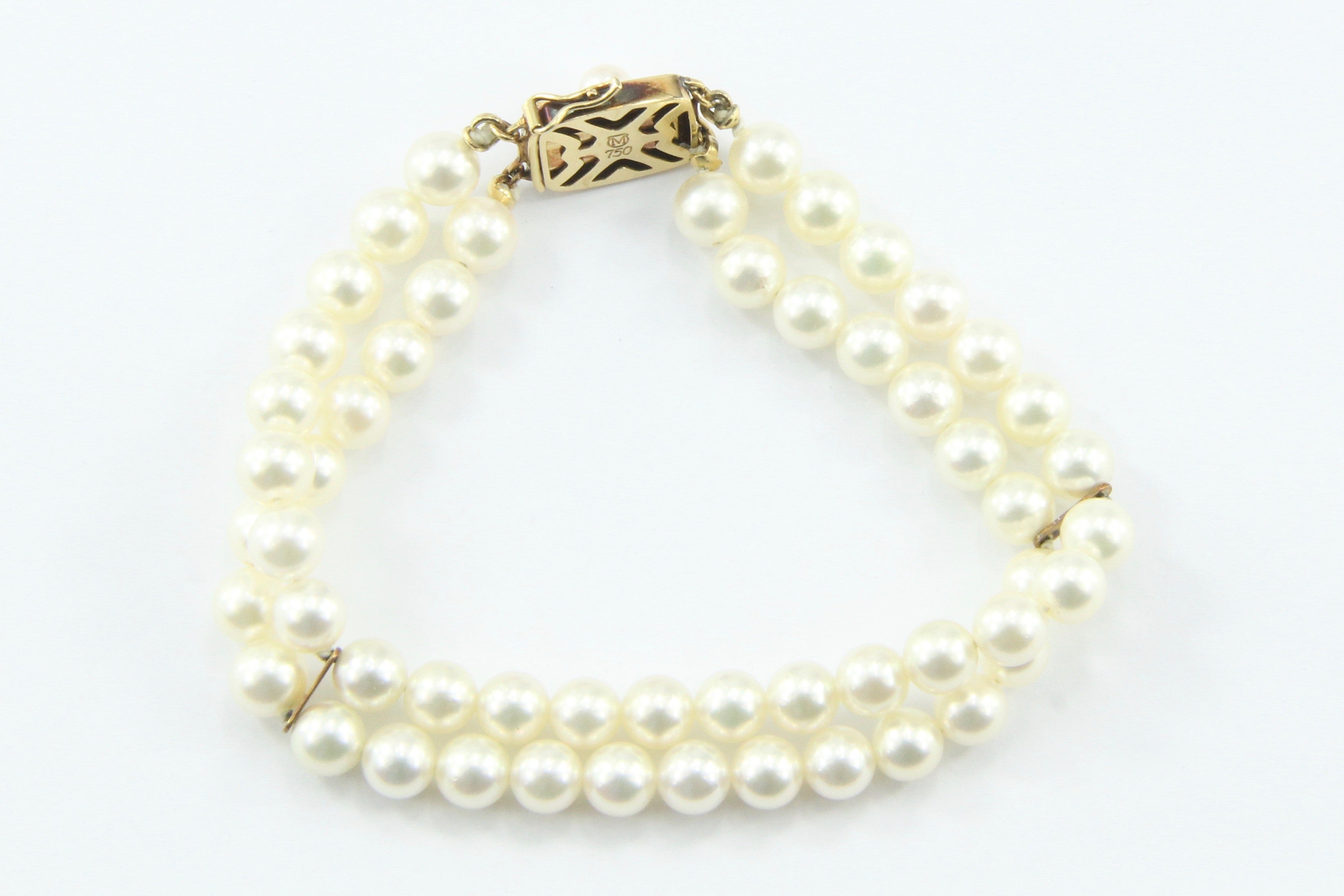 Vintage Mikimoto Double Strand Pearl 18K Gold Bracelet - Queen May
