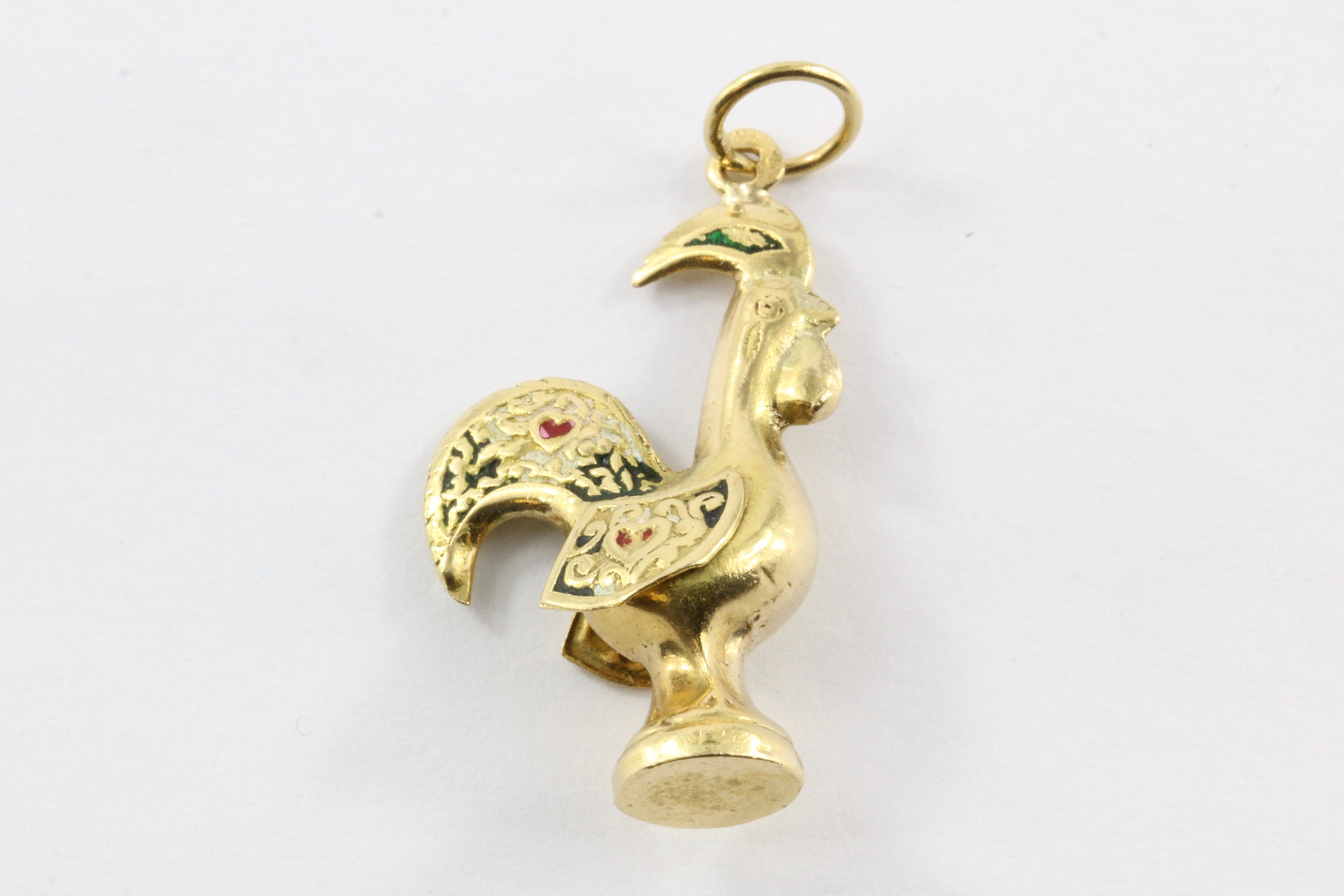 Vintage 19K Gold Portuguese Enamel Rooster Heart Charm - Queen May