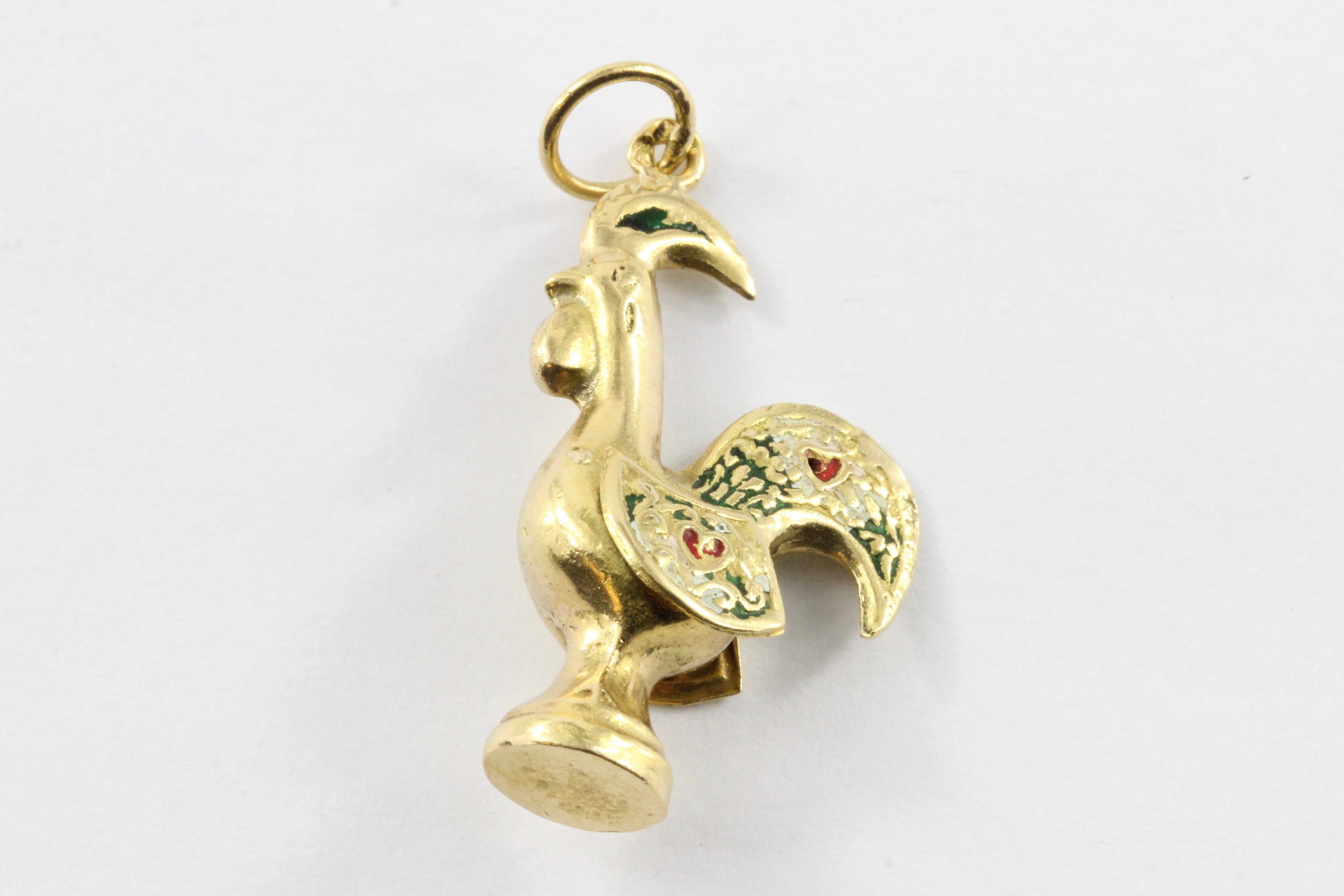 Vintage 19K Gold Portuguese Enamel Rooster Heart Charm - Queen May