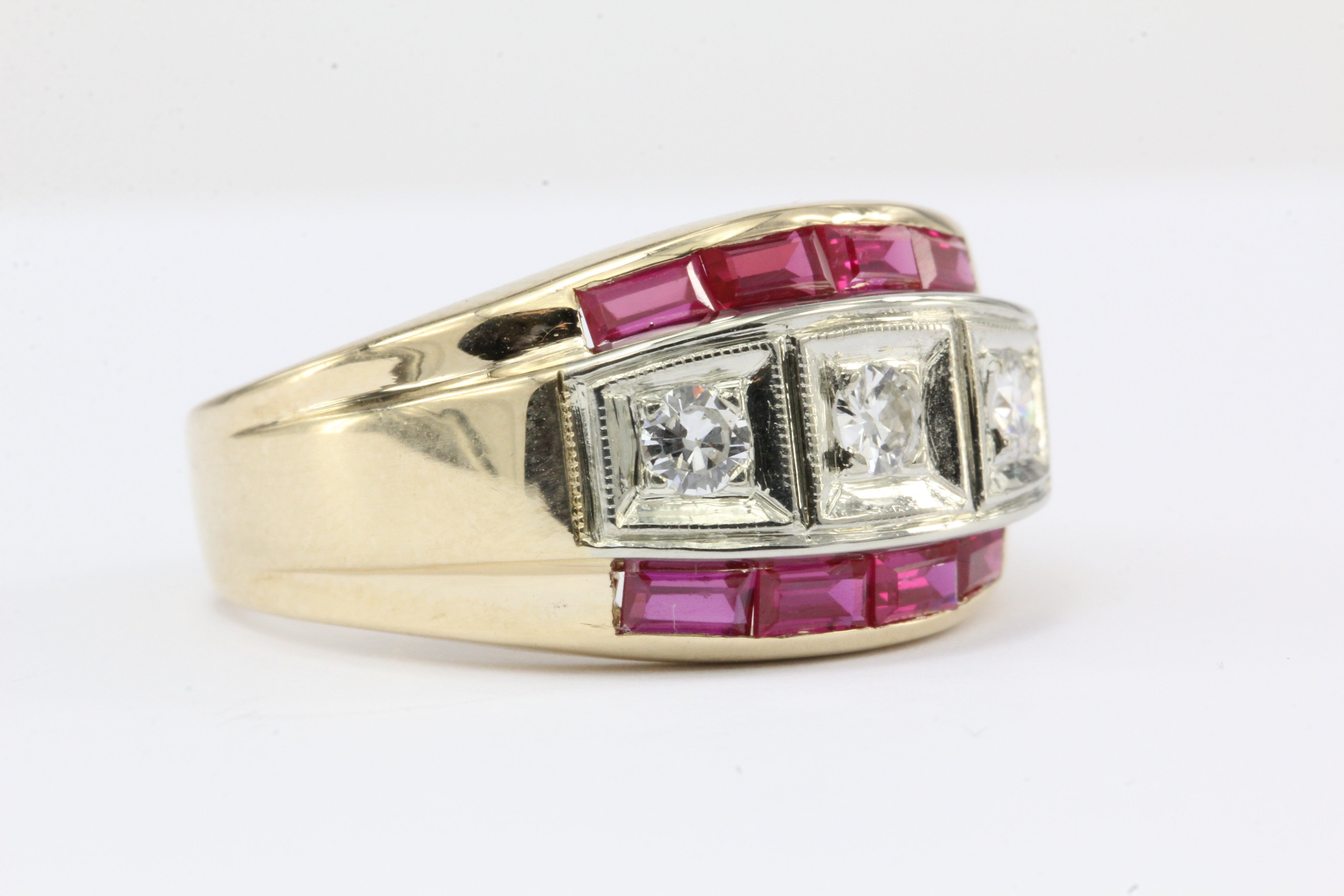 Retro 14K Gold Diamond & Ruby Mens Ring c.1950's - Queen May
