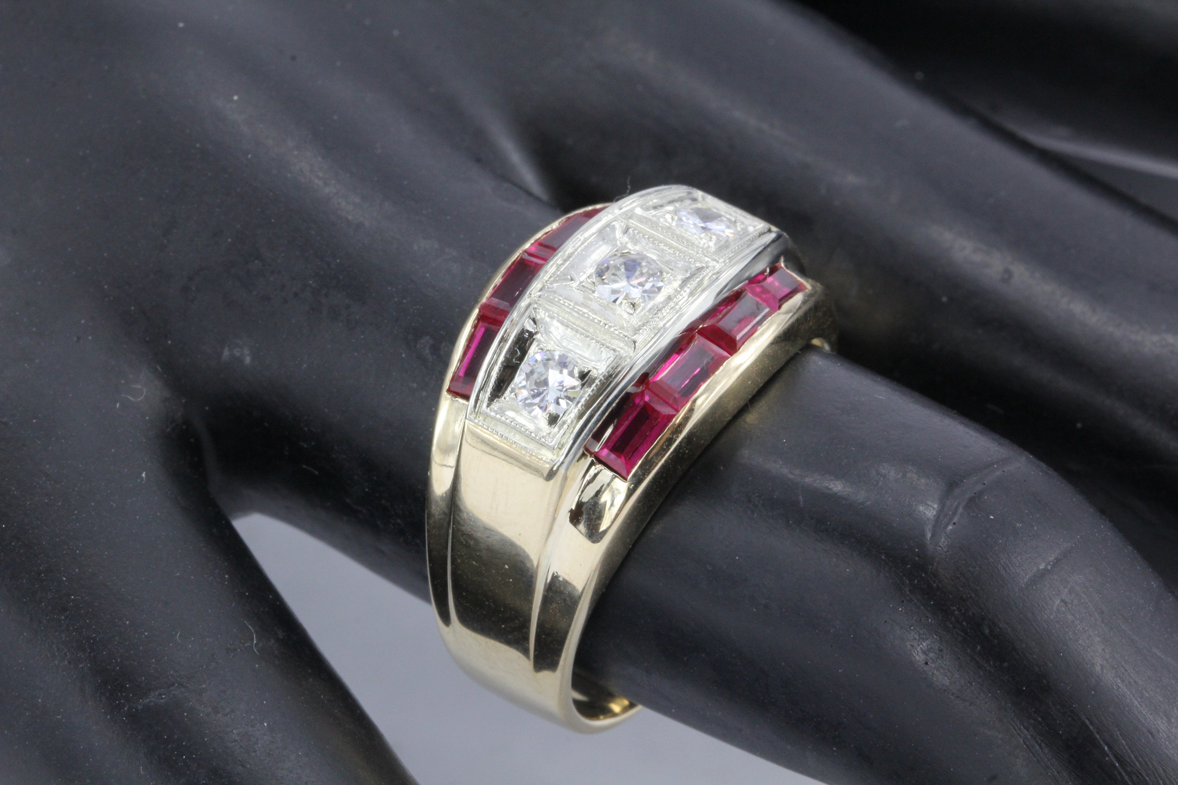 Retro 14K Gold Diamond & Ruby Mens Ring c.1950's - Queen May