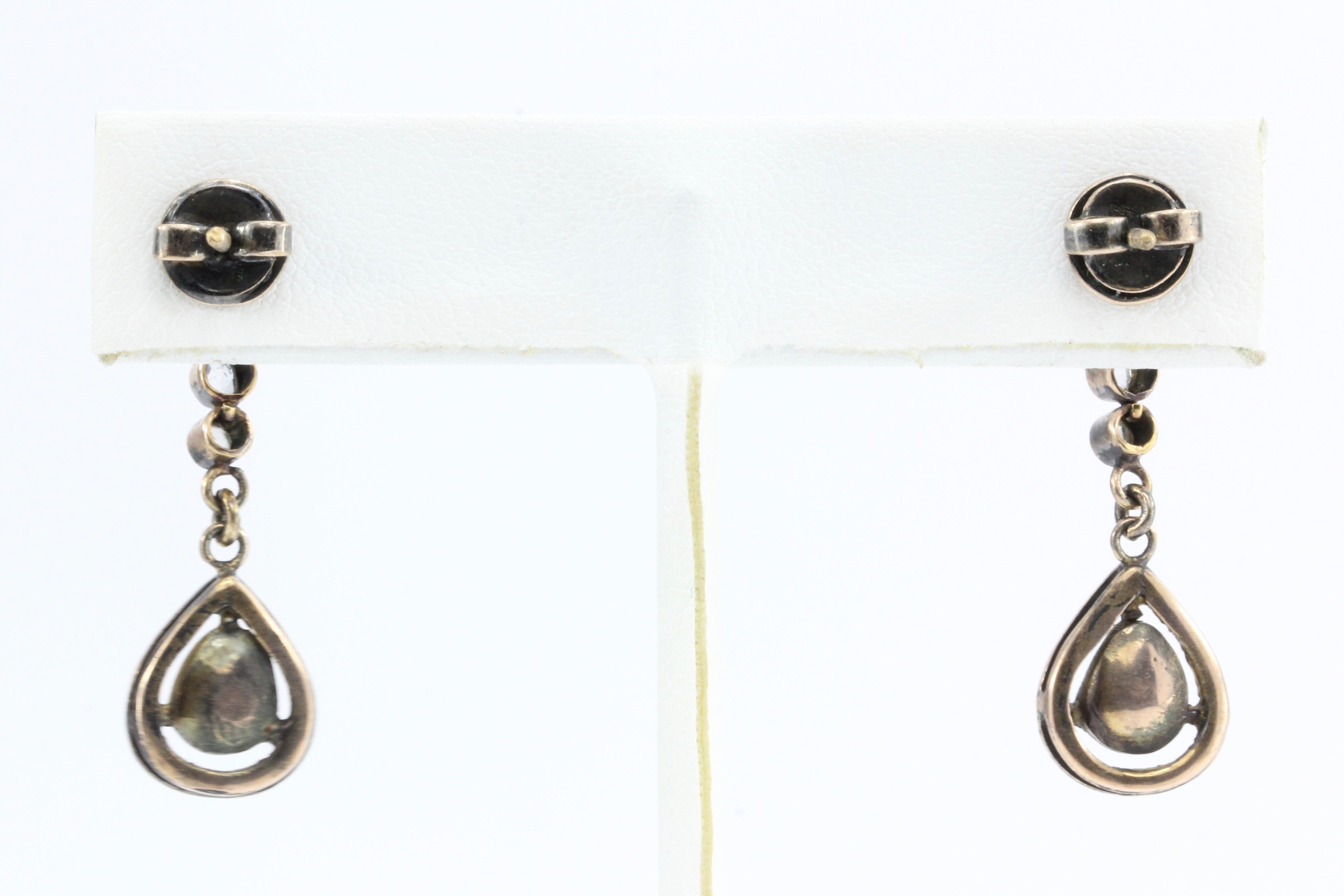 Victorian 10K Rose Gold Rose Cut Diamond Drop Earrings c.1890 - Queen May