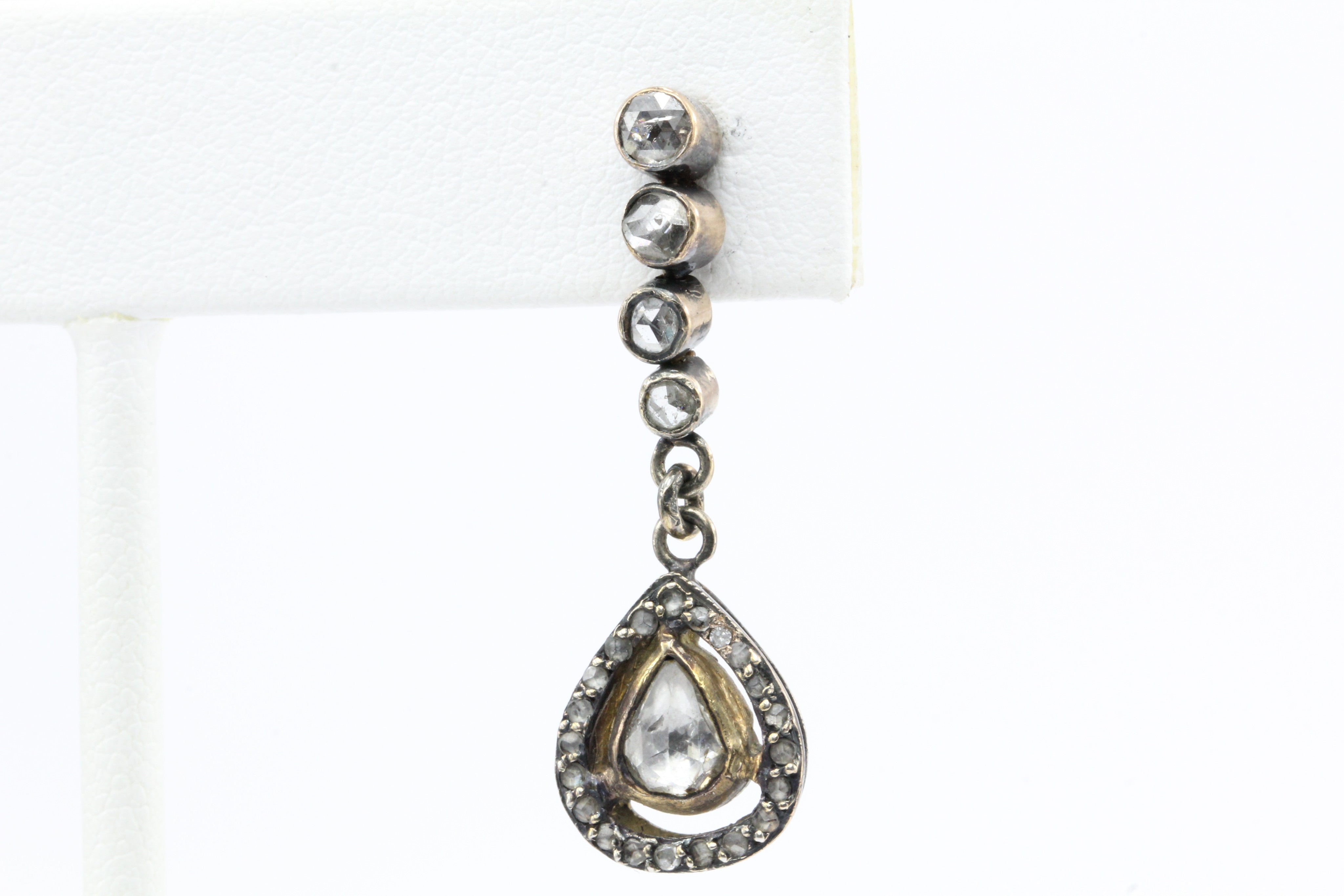 Victorian 10K Rose Gold Rose Cut Diamond Drop Earrings c.1890 - Queen May