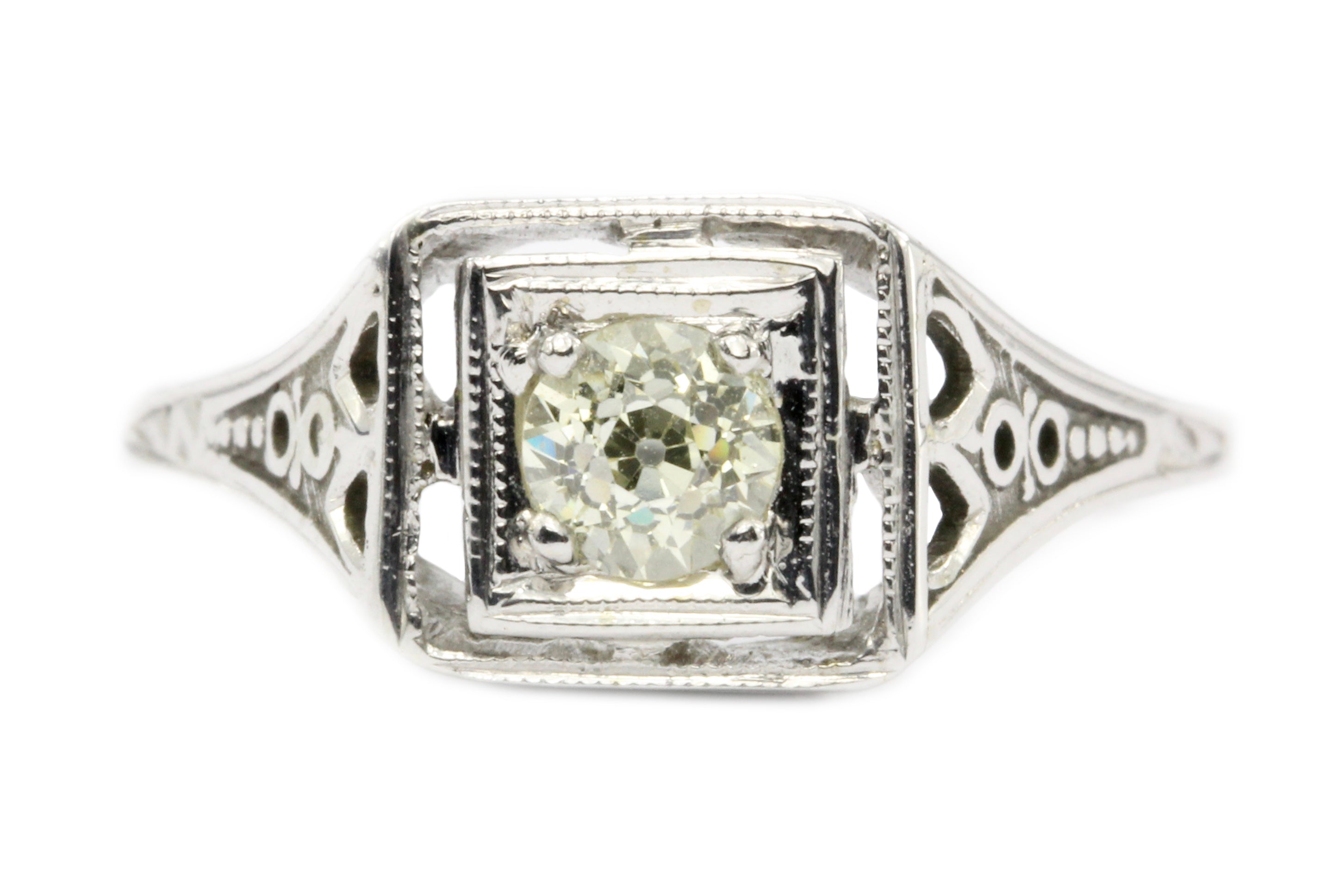 Art Deco Belais 18k White Gold .40CT Old Euro Fancy Yellow - Queen May