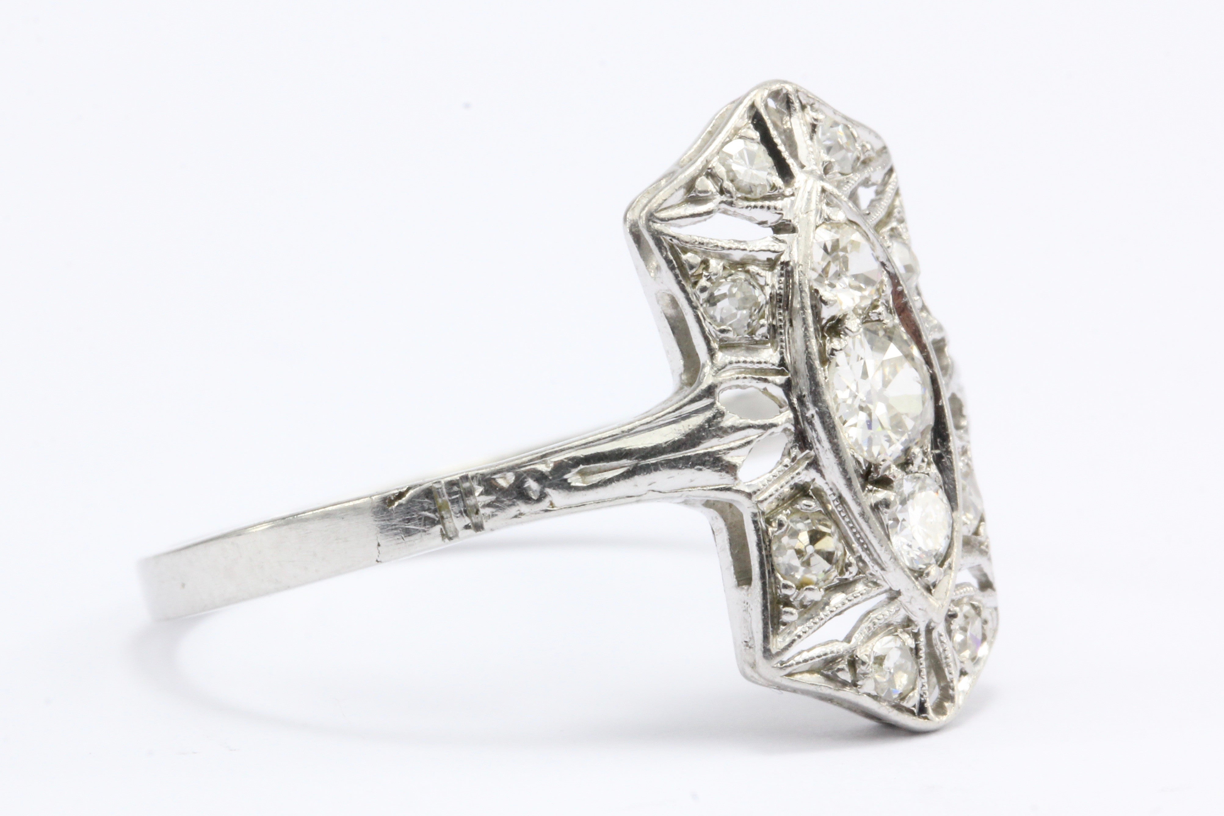 Art Deco Platinum Old European Cut Diamond Shield Engagement Ring - Queen May