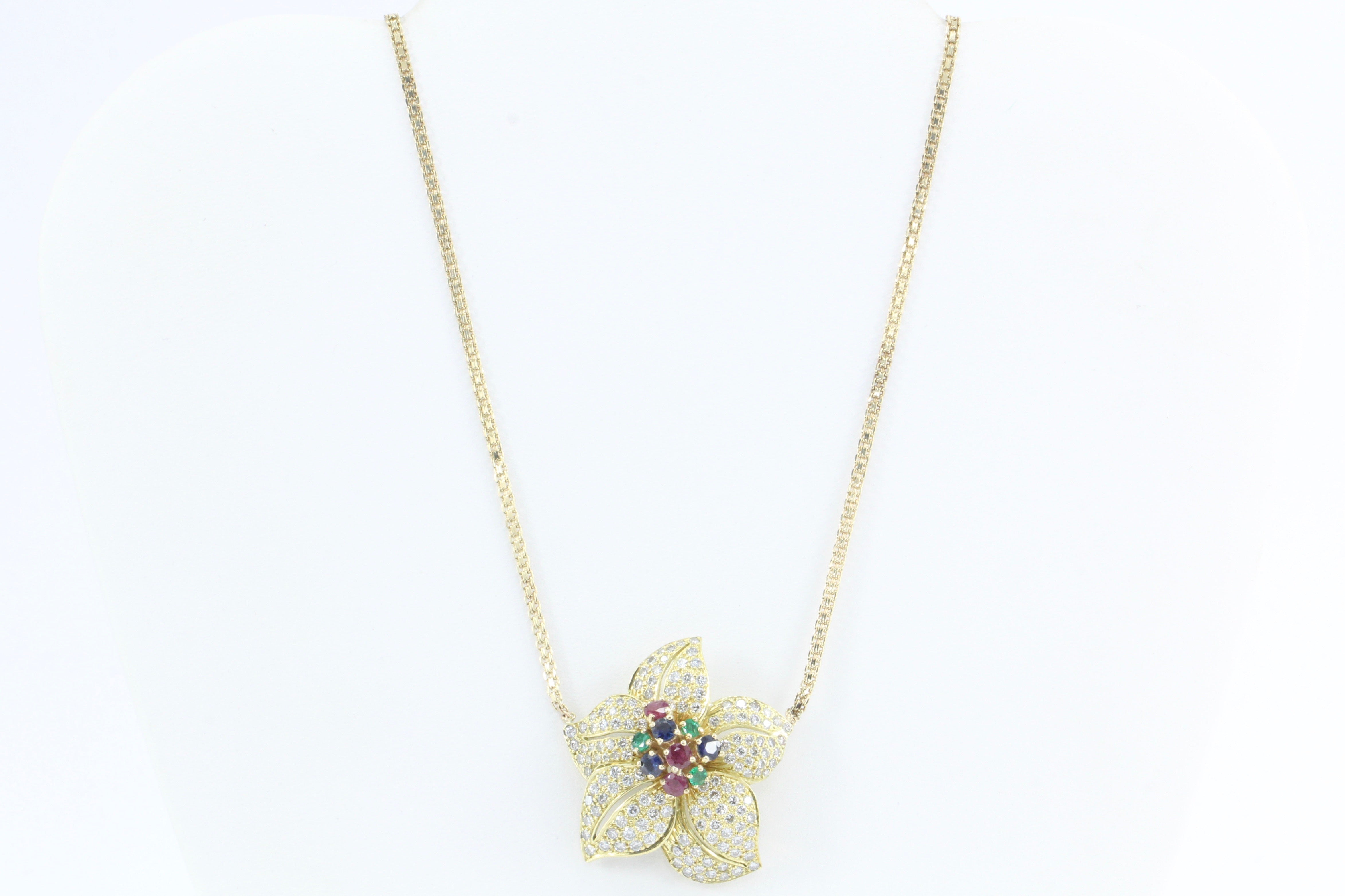 Retro Gold Diamond Emerald Ruby Sapphire Chunky Flower Necklace - Queen May