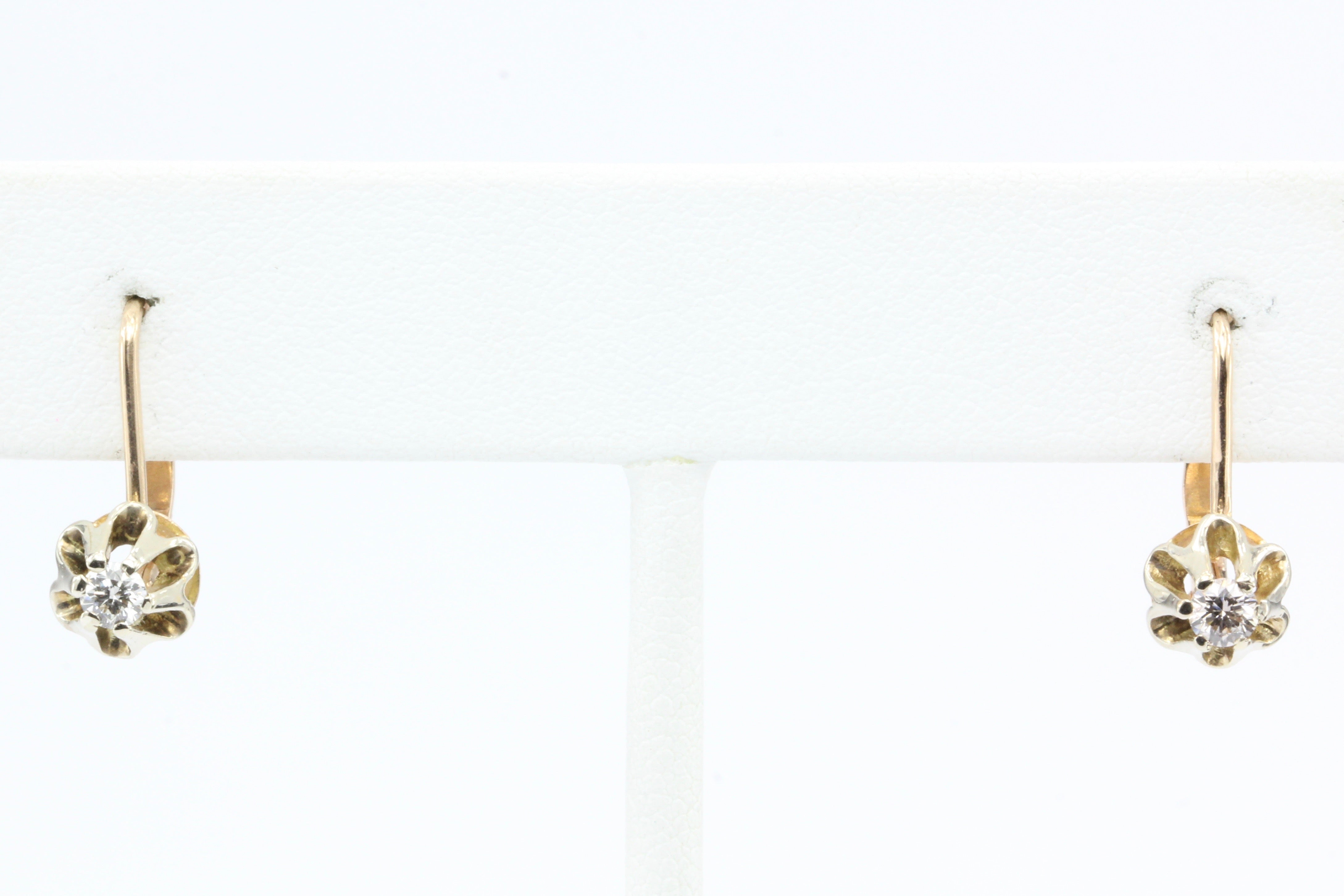 Vintage Soviet Armenia 14K 583 Gold Diamond Belcher Mounted Earrings c.1989 - Queen May