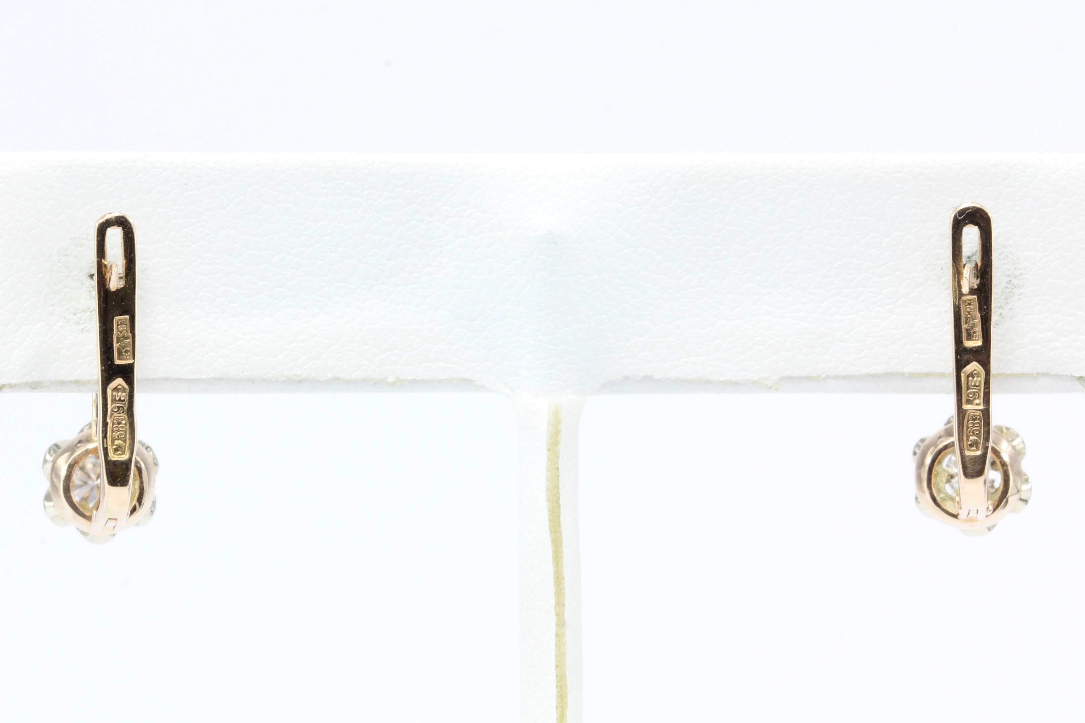 Vintage Soviet Armenia 14K 583 Gold Diamond Belcher Mounted Earrings c.1989 - Queen May