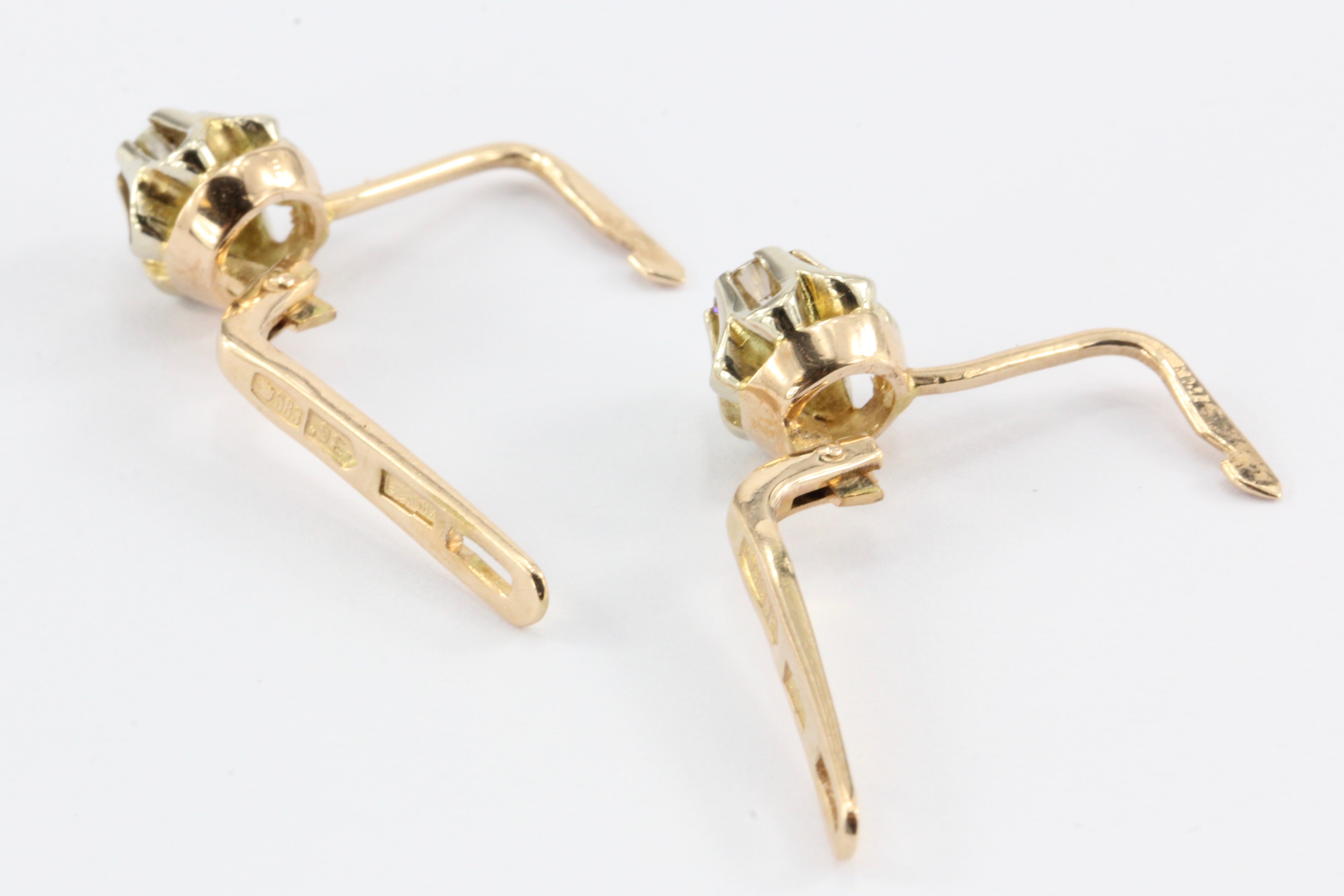 Vintage Soviet Armenia 14K 583 Gold Diamond Belcher Mounted Earrings c.1989 - Queen May