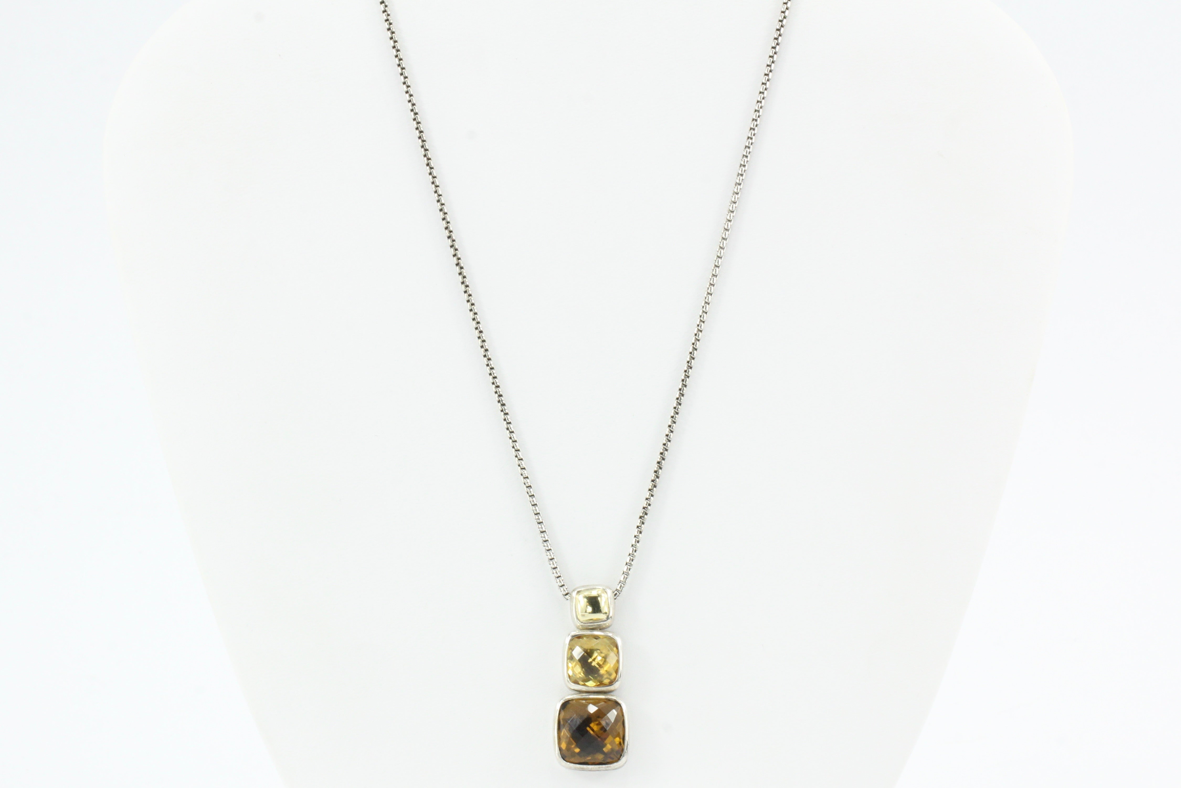 David Yurman Sterling Silver 18K Gold Citrine Smoky Quartz Pendant Necklace - Queen May