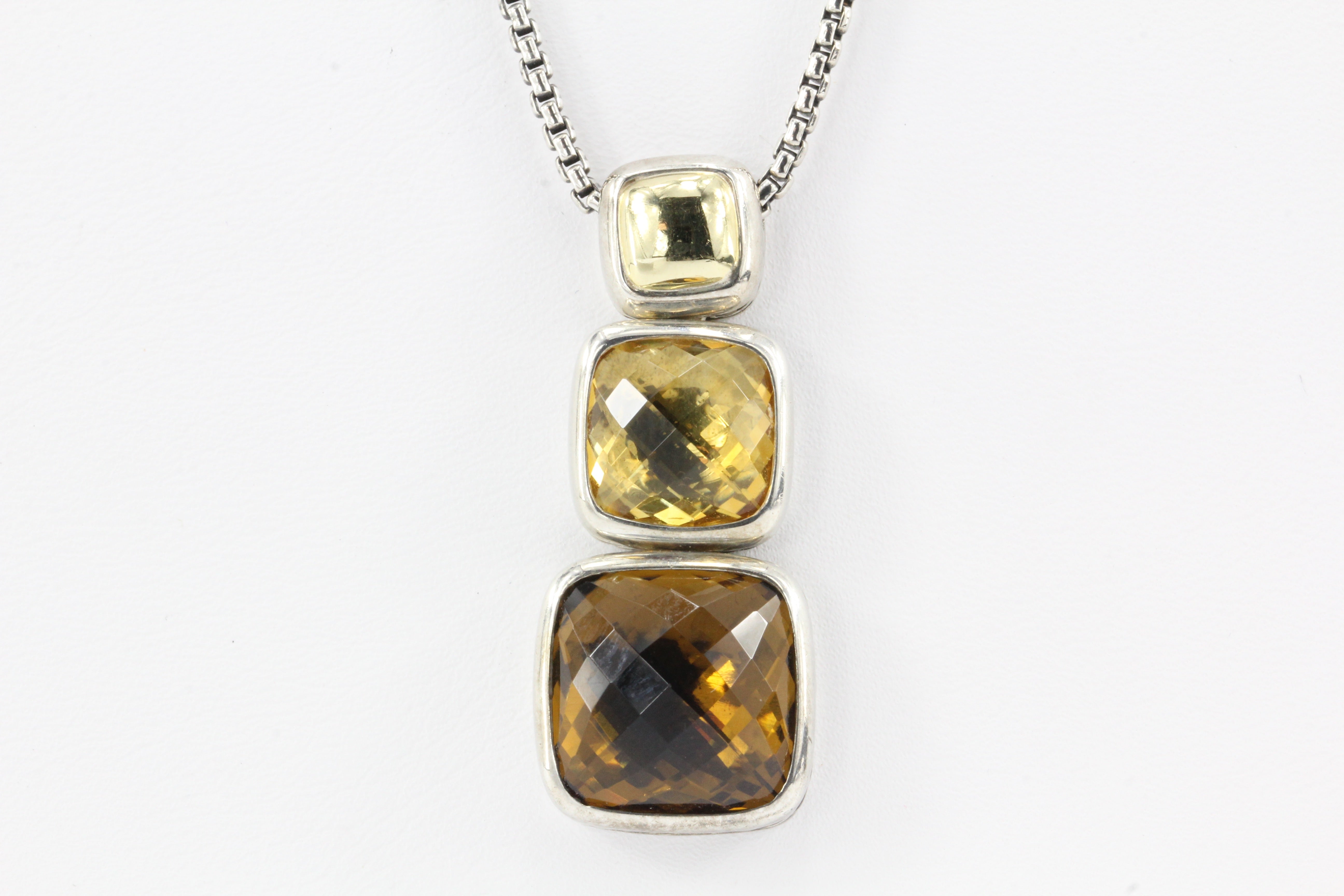 David Yurman Sterling Silver 18K Gold Citrine Smoky Quartz Pendant Necklace - Queen May