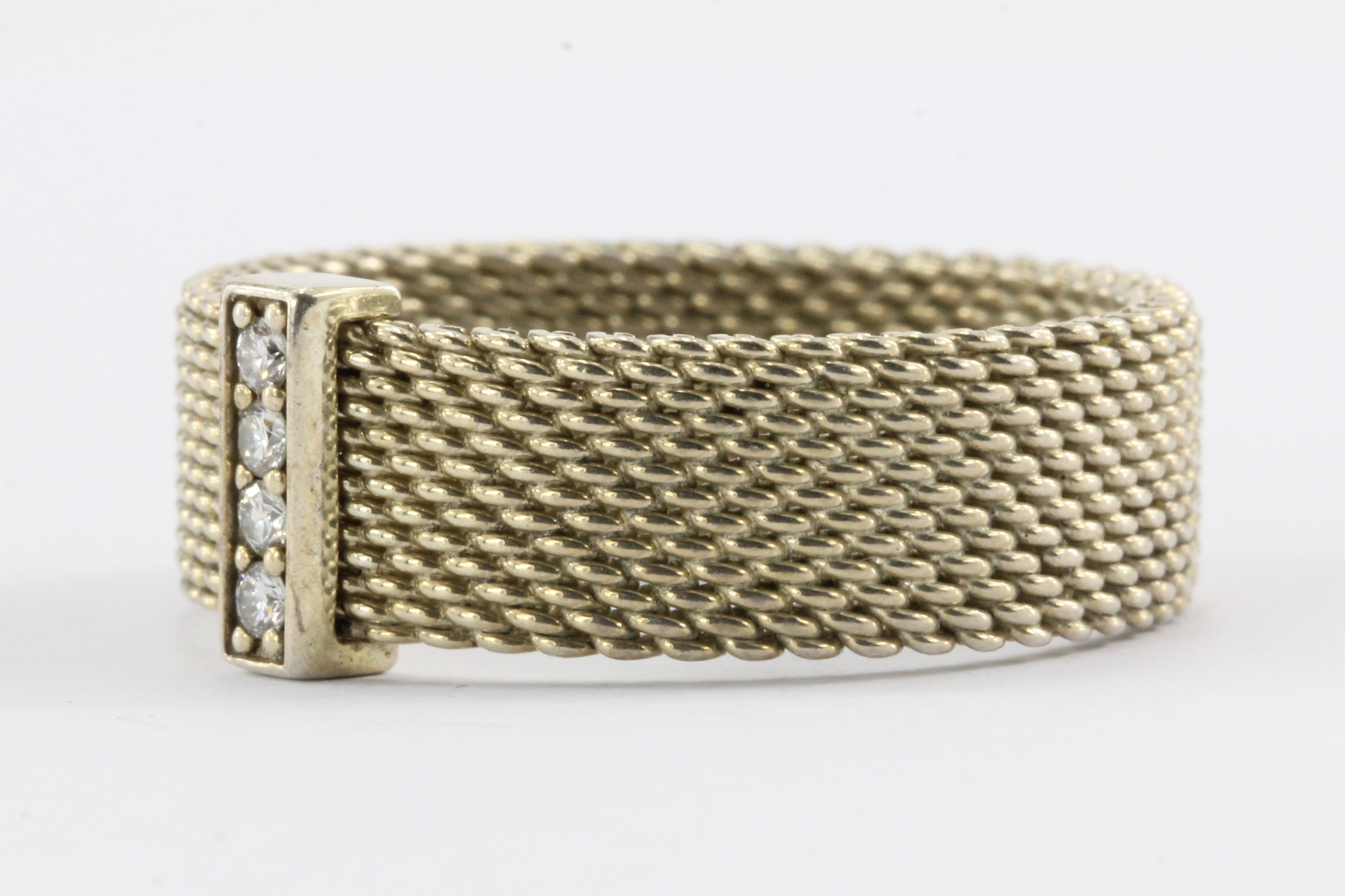 Tiffany & Co Sterling Silver & Diamond Somerset Mesh Wide Ring Size 9 - Queen May