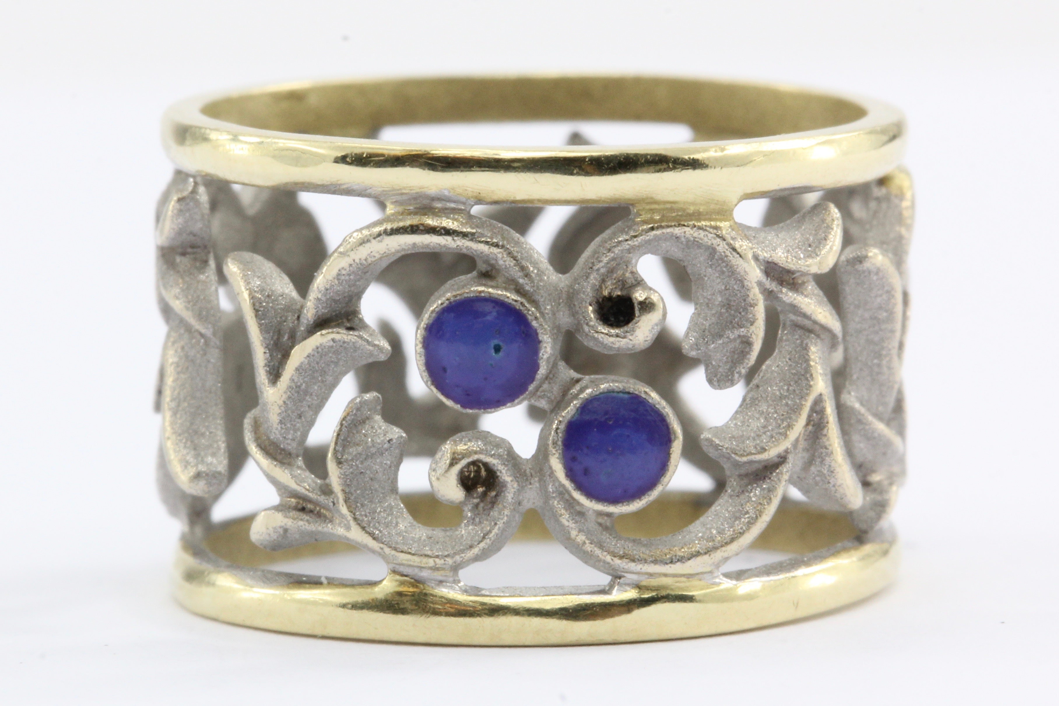 18k White & Yellow Gold Blue Enamel Pierced Scrolling Vine Ring Band - Queen May