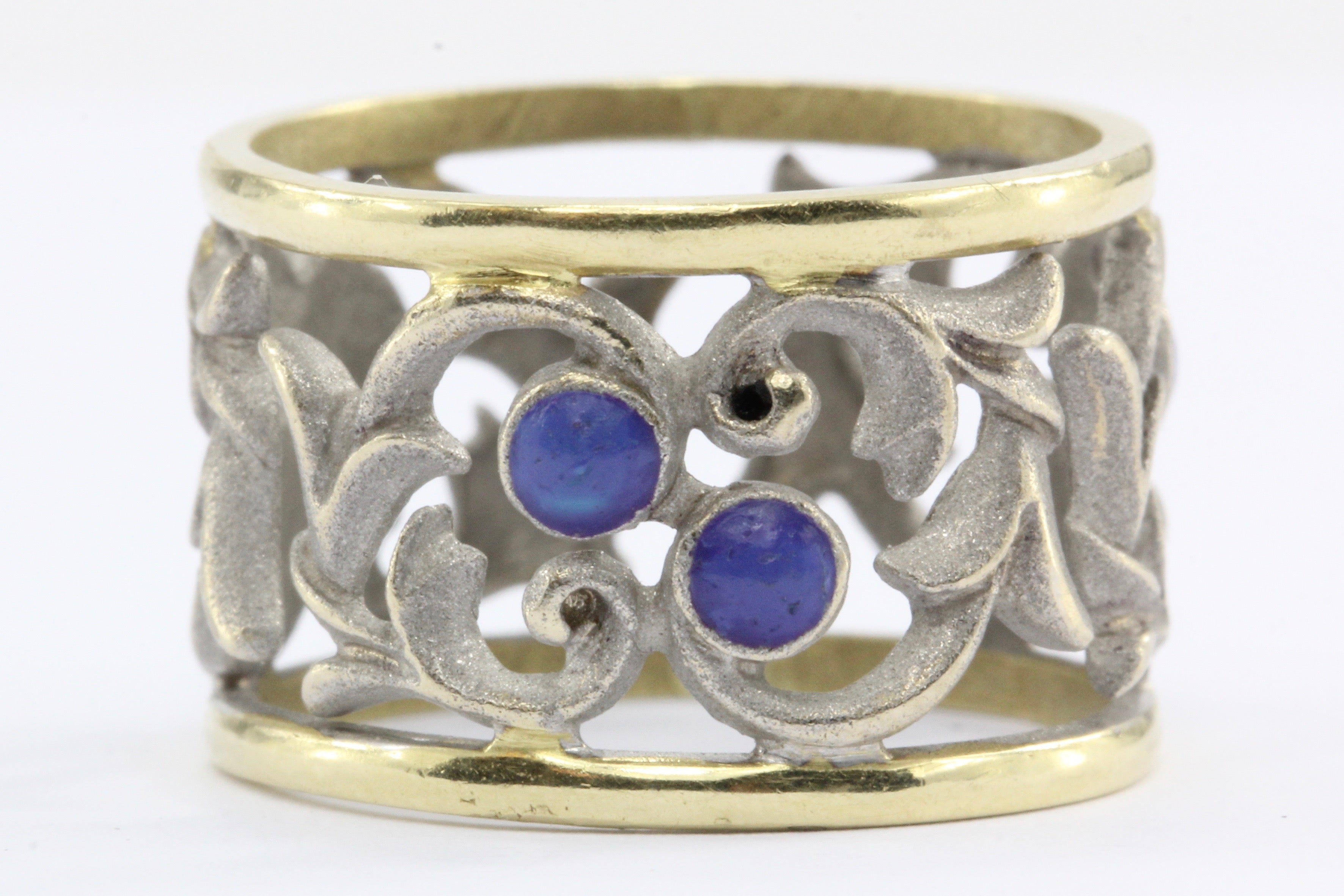 18k White & Yellow Gold Blue Enamel Pierced Scrolling Vine Ring Band - Queen May