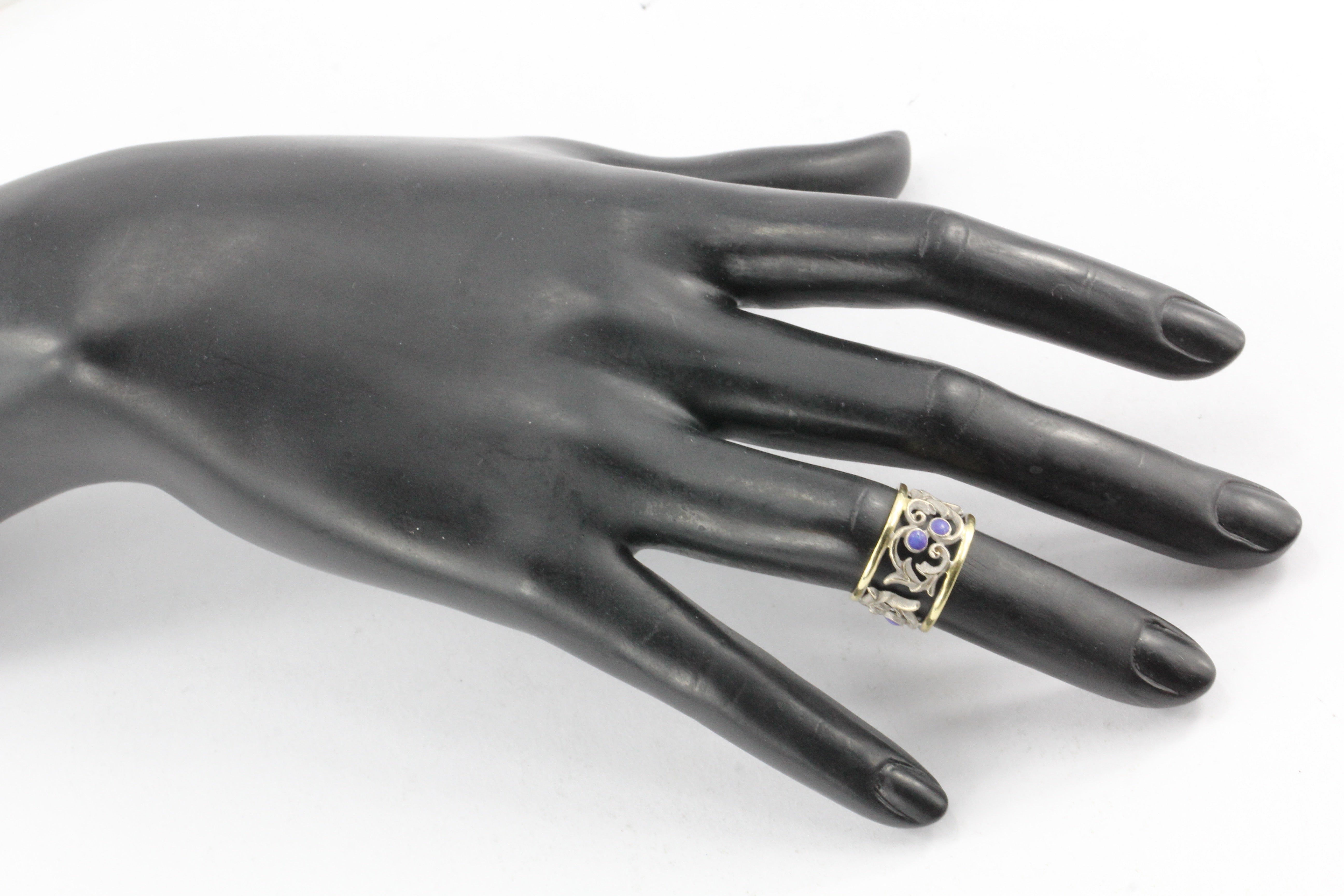 18k White & Yellow Gold Blue Enamel Pierced Scrolling Vine Ring Band - Queen May