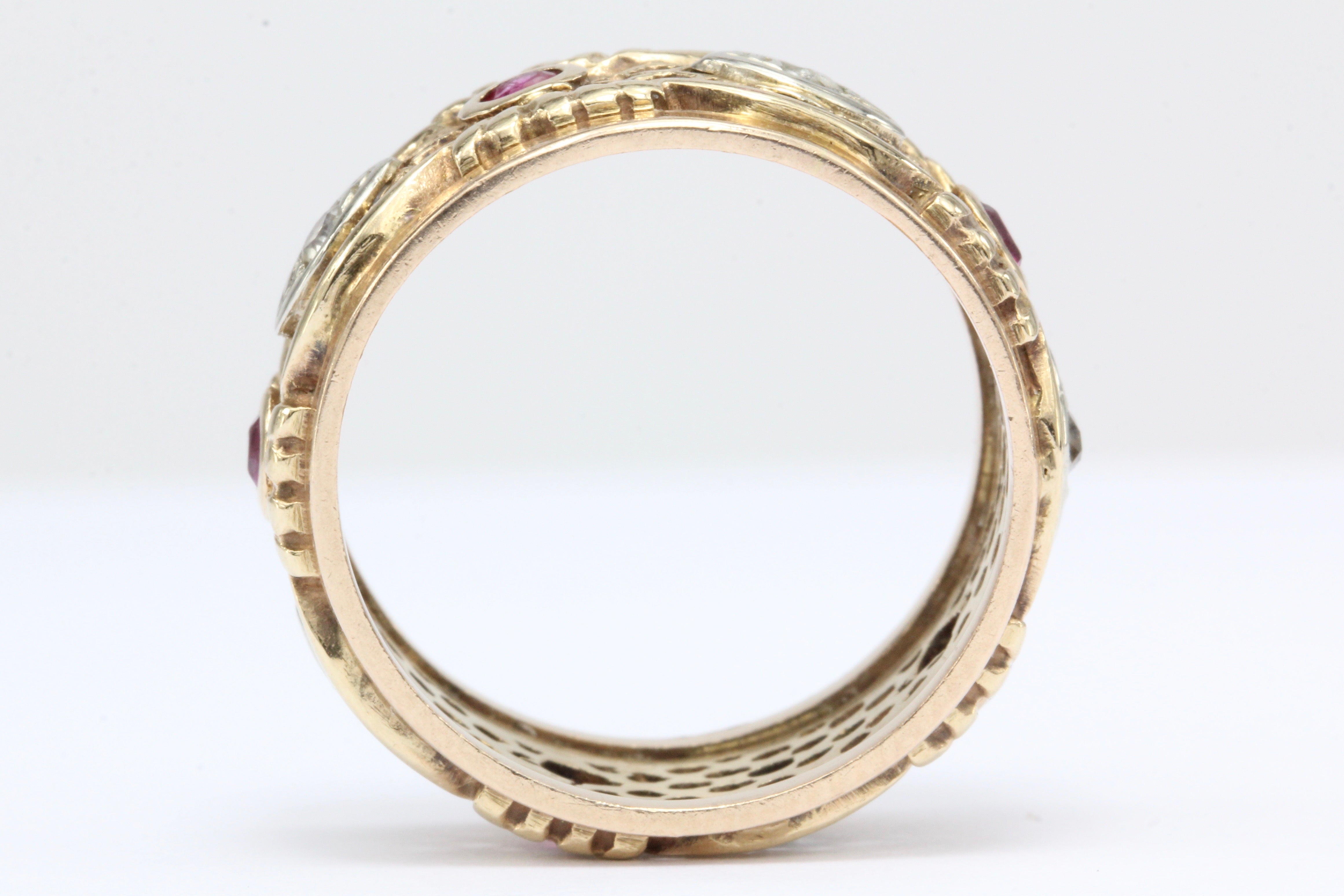 Retro 14K Rose Gold Diamond Ruby Pierced Cigar Band Ring C.1940's - Queen May