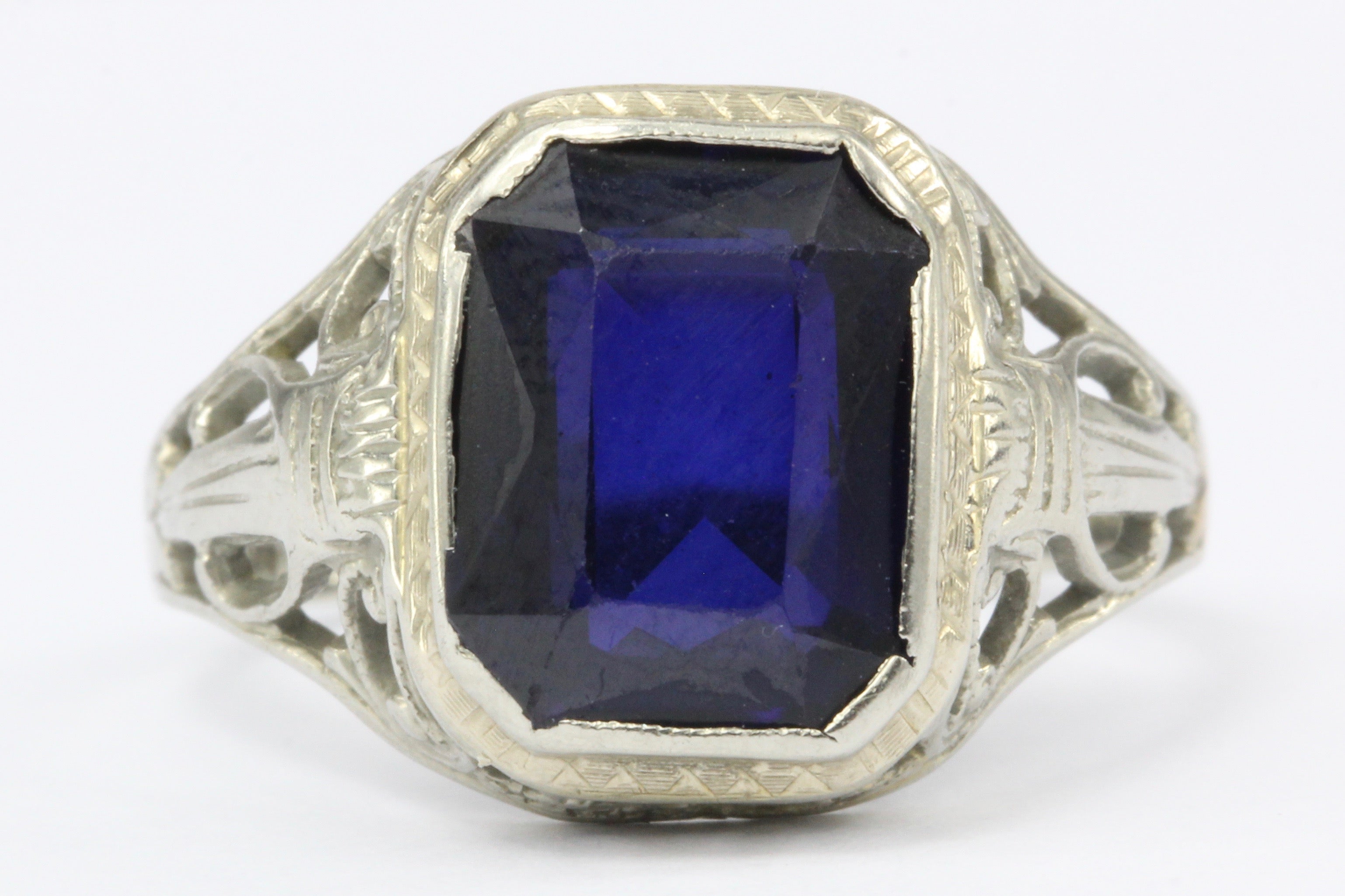 Art Deco 14K White Gold Belais Synthetic Sapphire Ring c.1920's - Queen May