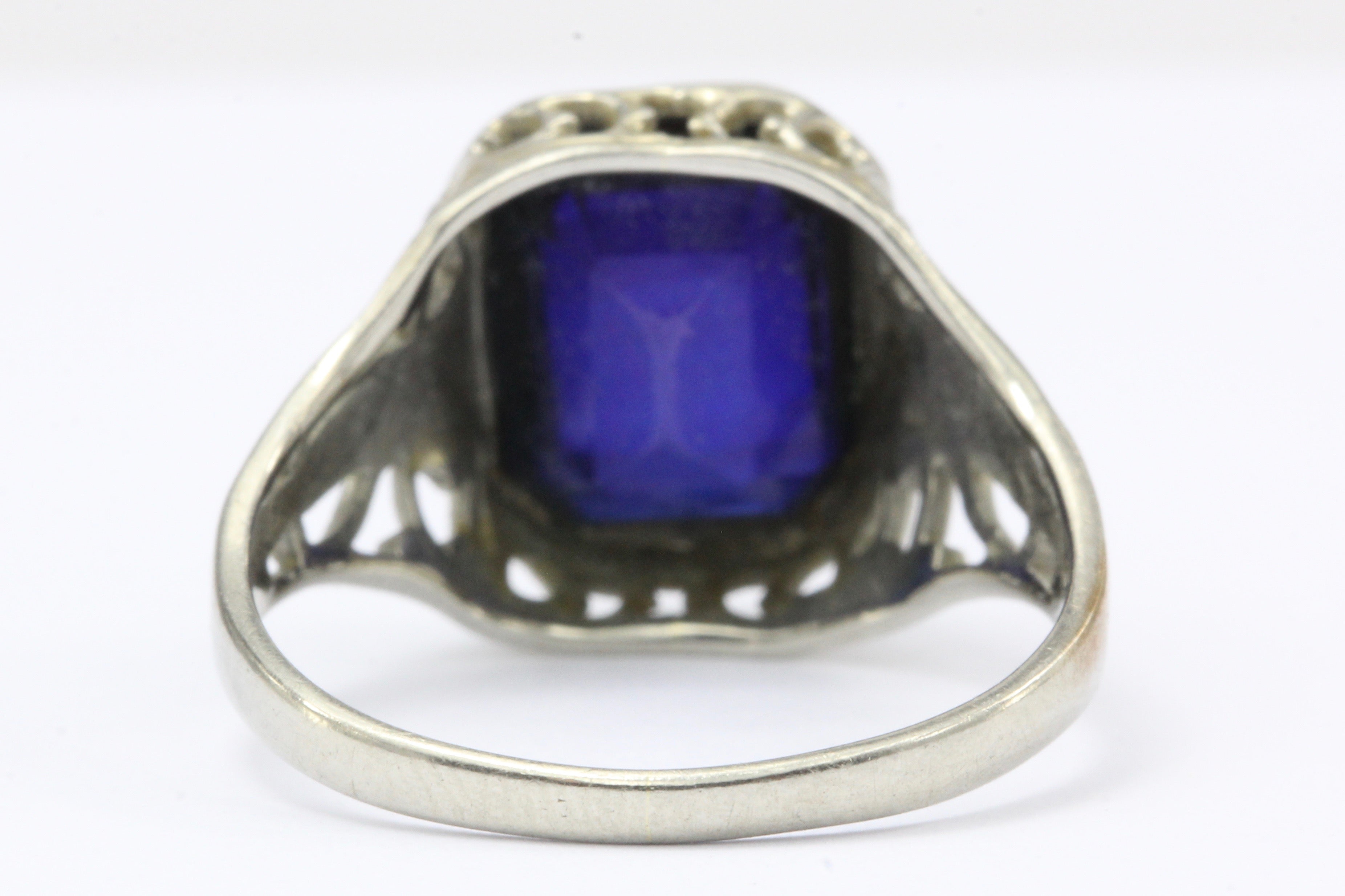 Art Deco 14K White Gold Belais Synthetic Sapphire Ring c.1920's - Queen May