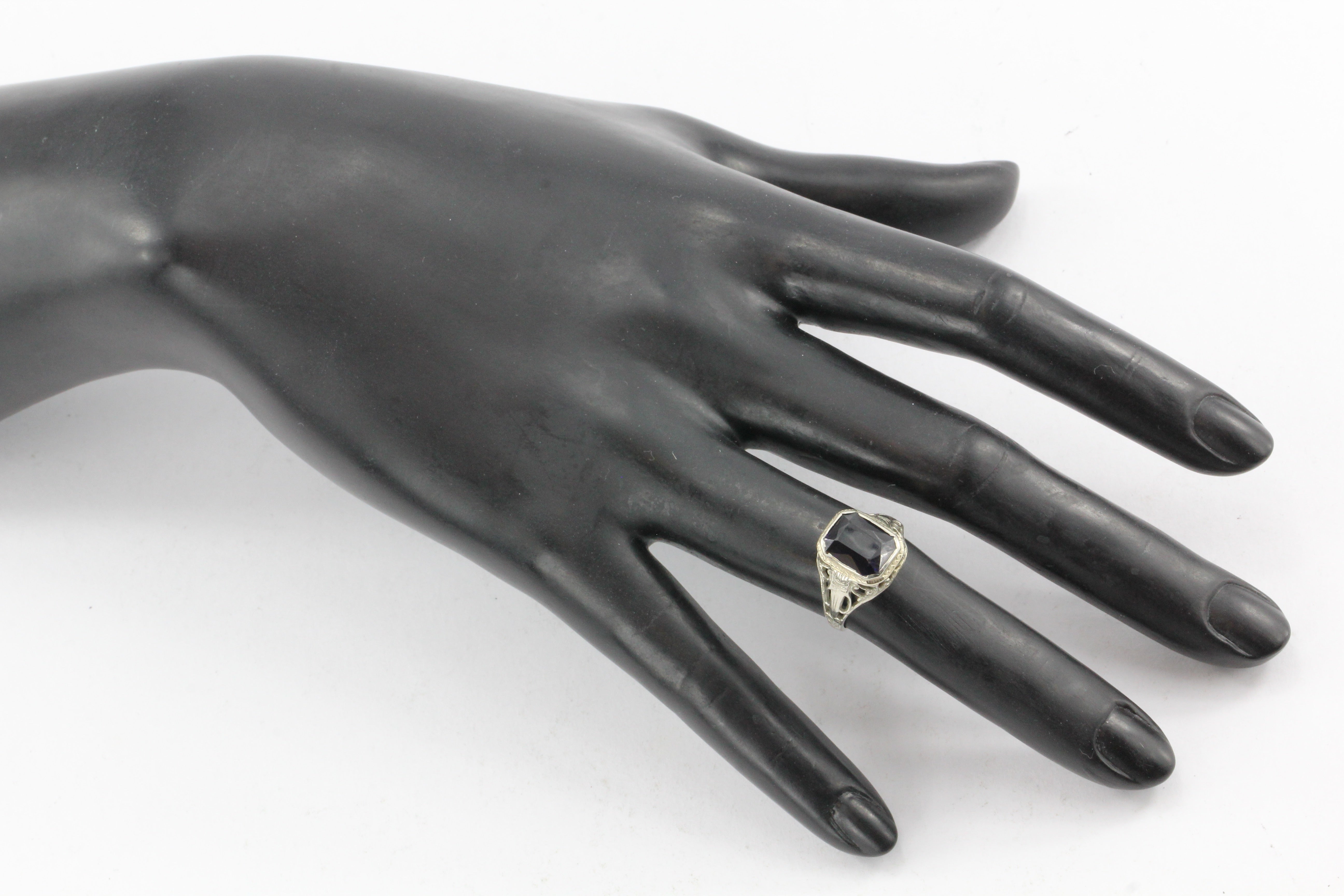 Art Deco 14K White Gold Belais Synthetic Sapphire Ring c.1920's - Queen May