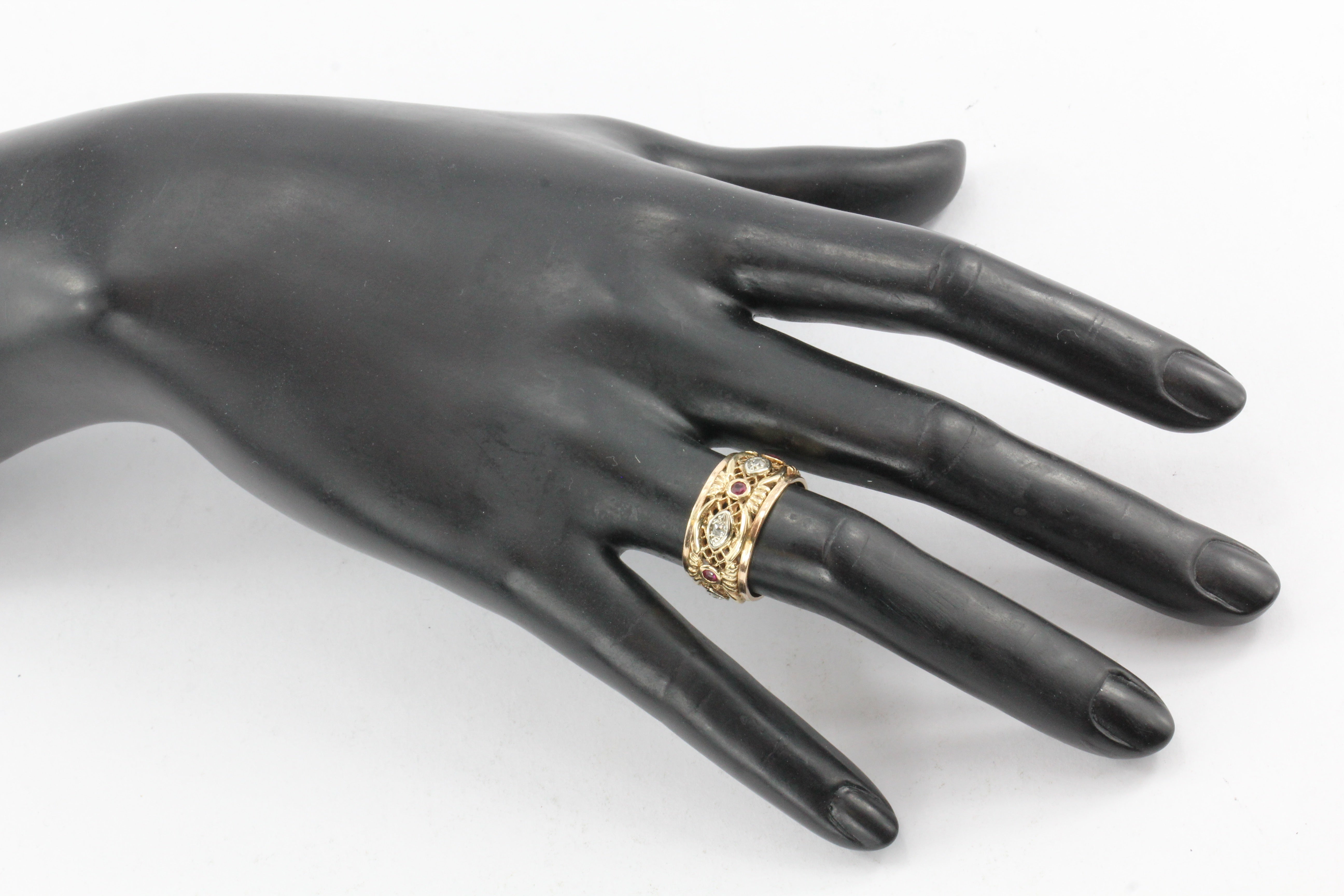 Retro 14K Rose Gold Diamond Ruby Pierced Cigar Band Ring C.1940's - Queen May