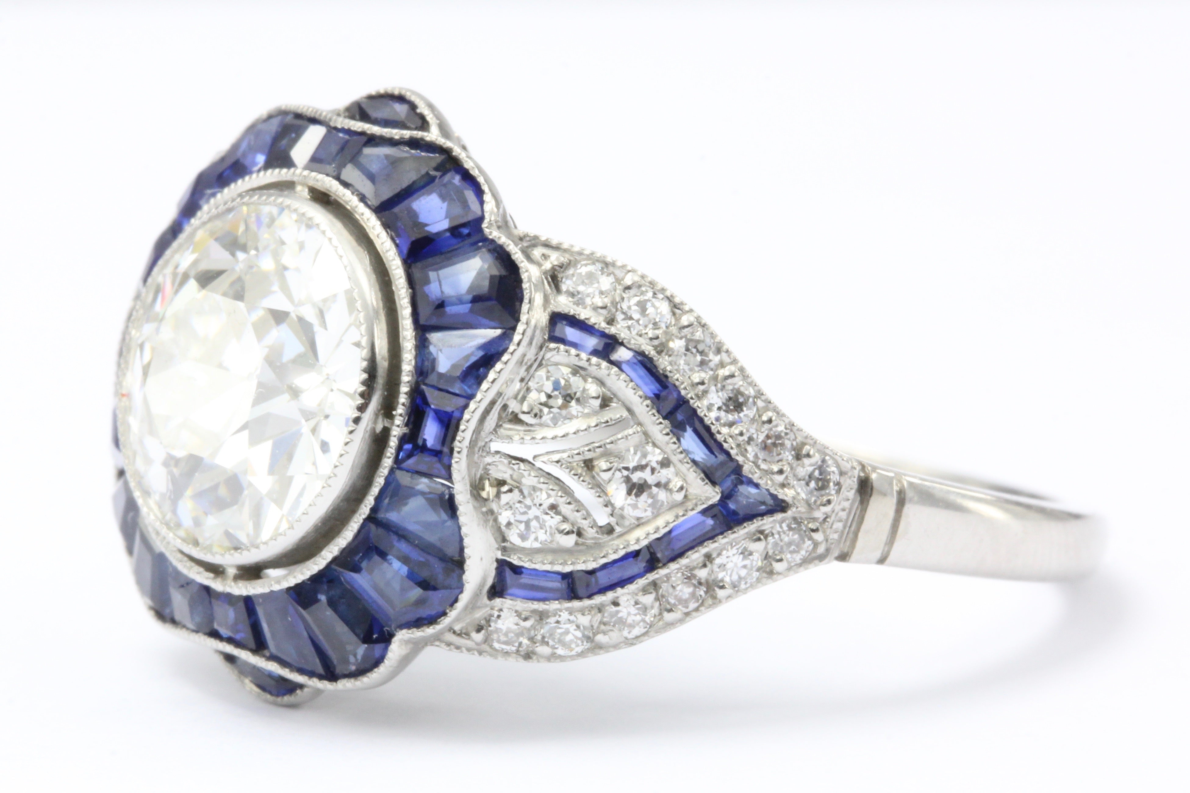 Platinum Art Deco Style 2.07 carat Old European Cut Diamond & Calibre Blue Sapphire Ring - Queen May