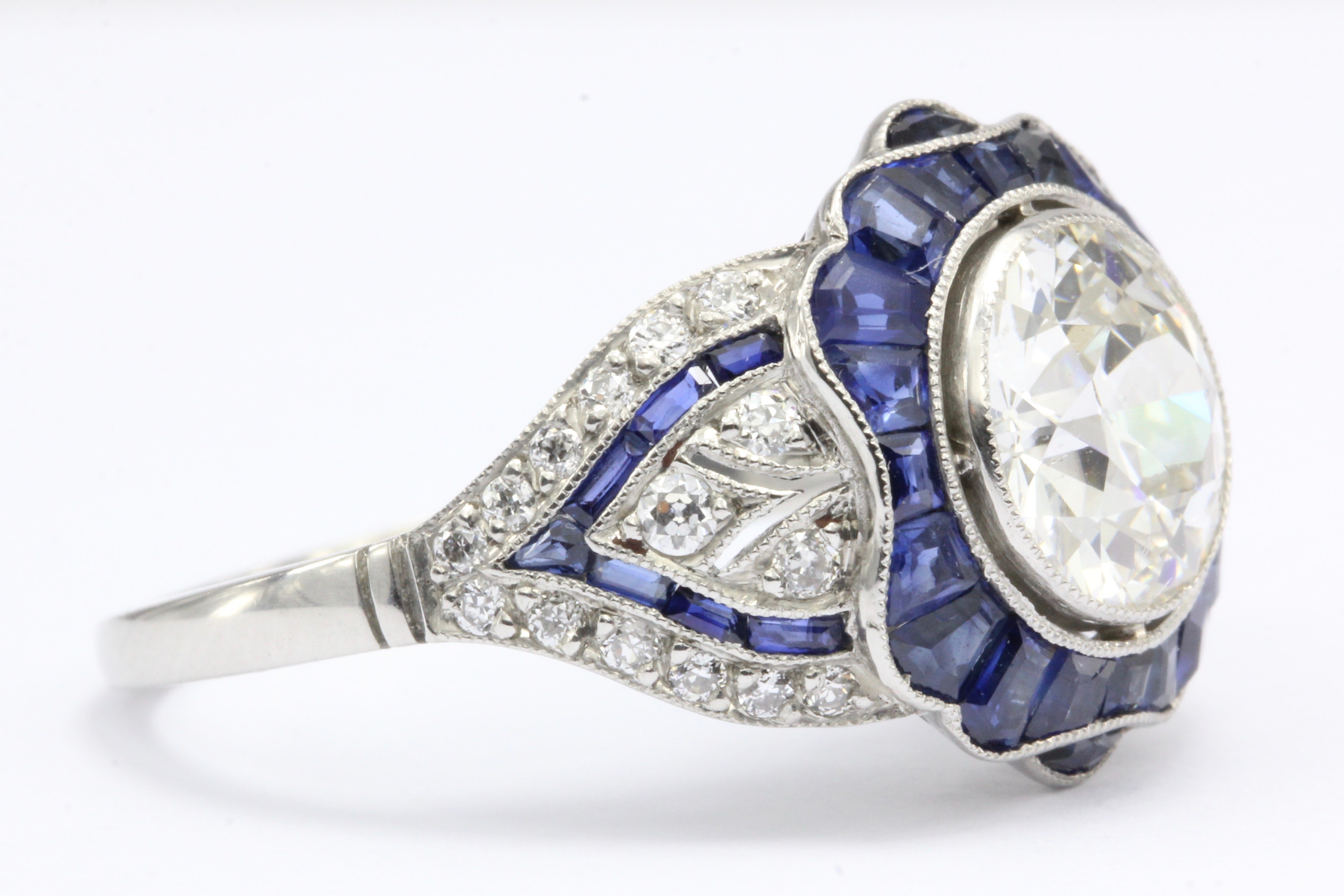 Platinum Art Deco Style 2.07 carat Old European Cut Diamond & Calibre Blue Sapphire Ring - Queen May