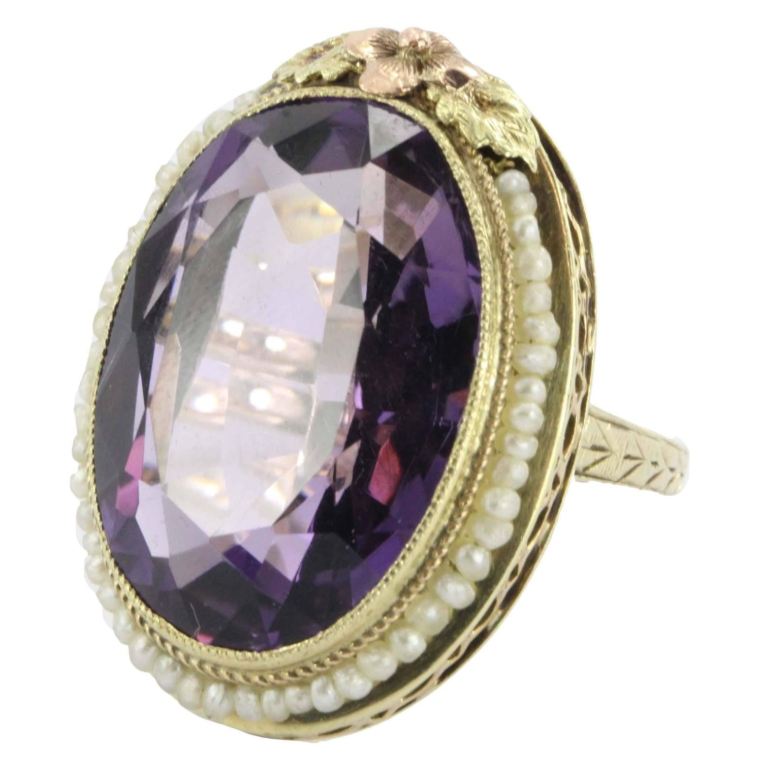 Antique Art Nouveau 14K Gold 16 carat Amethyst & Seed Pearl Ring - Queen May