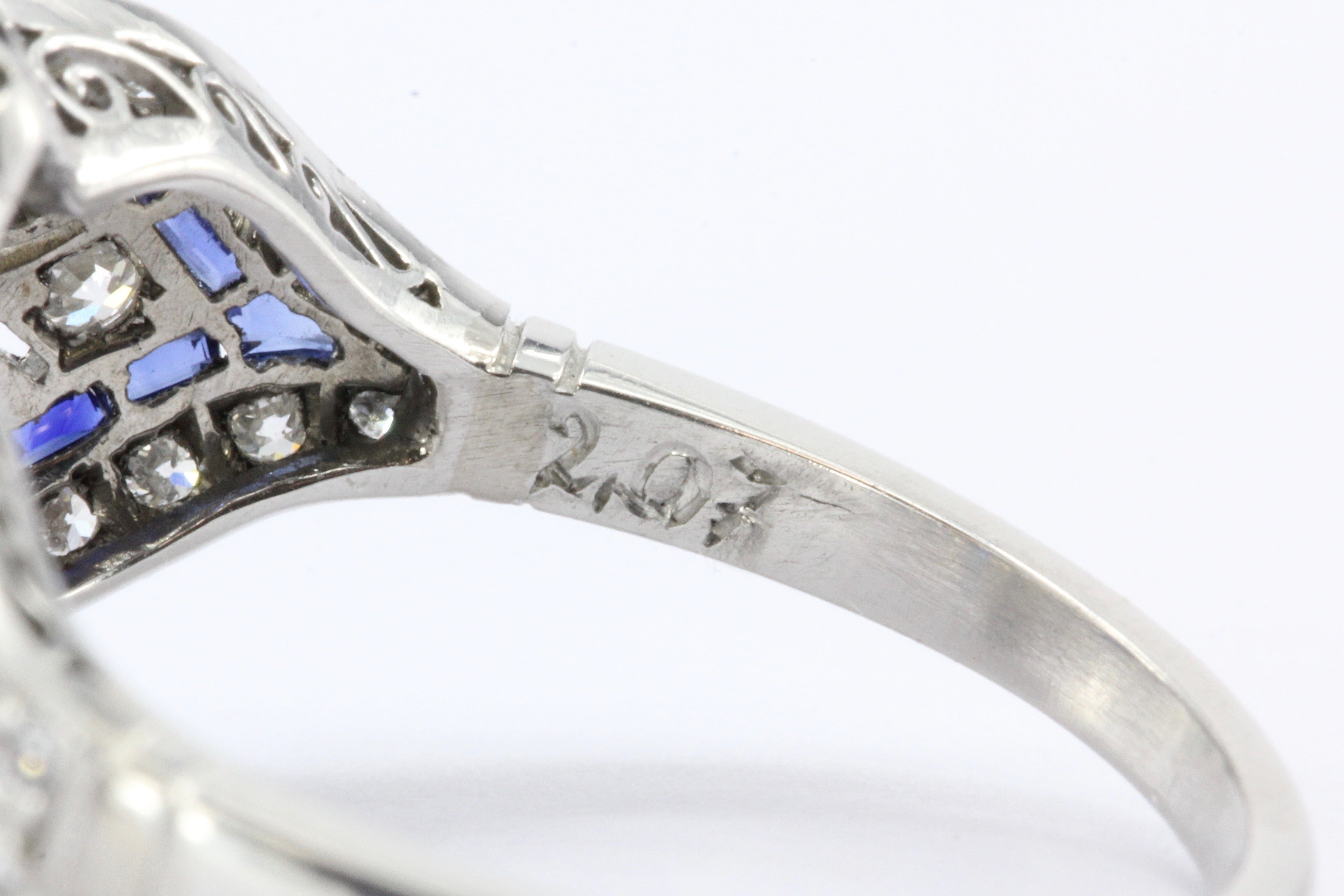 Platinum Art Deco Style 2.07 carat Old European Cut Diamond & Calibre Blue Sapphire Ring - Queen May