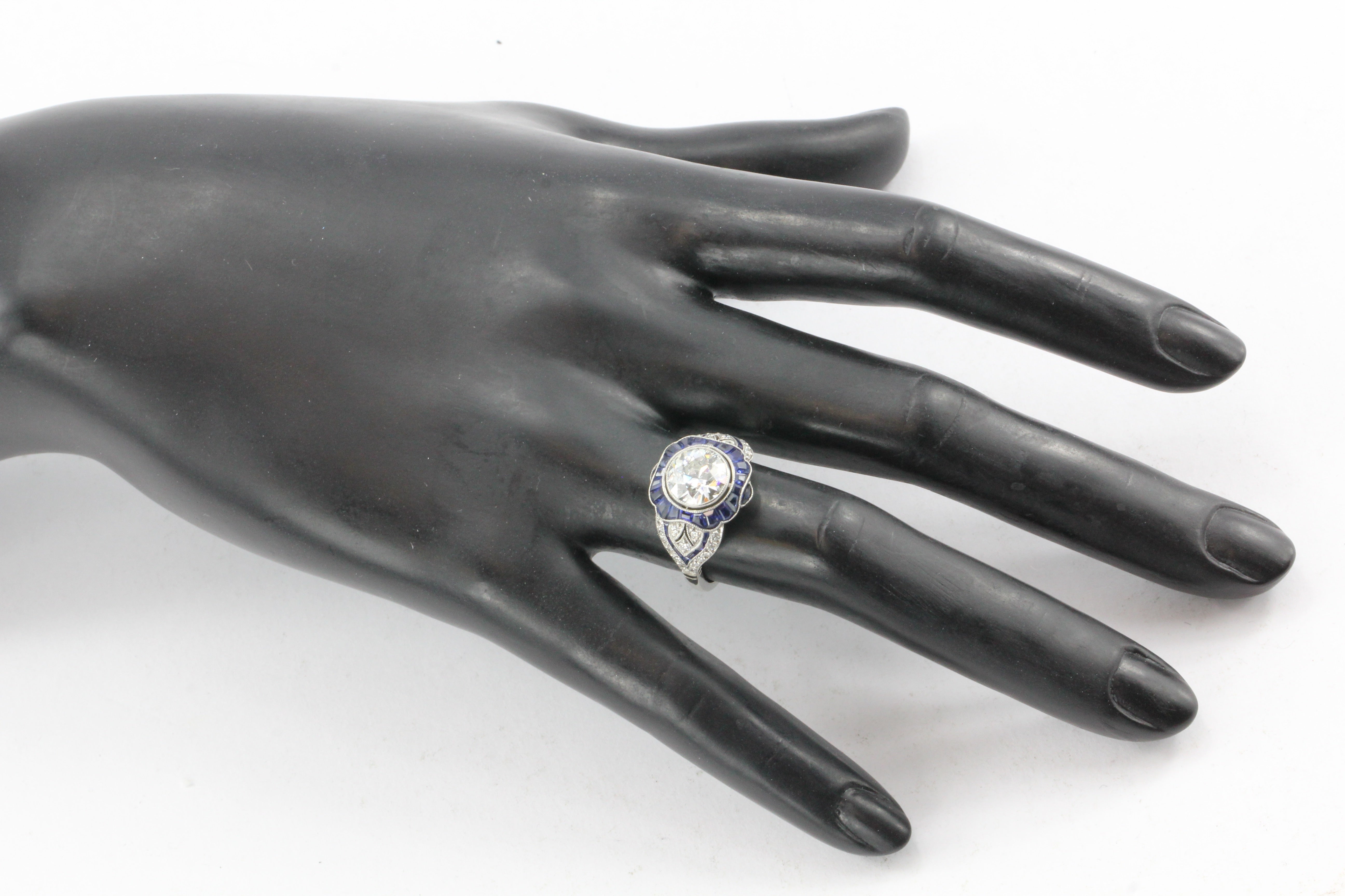 Platinum Art Deco Style 2.07 carat Old European Cut Diamond & Calibre Blue Sapphire Ring - Queen May