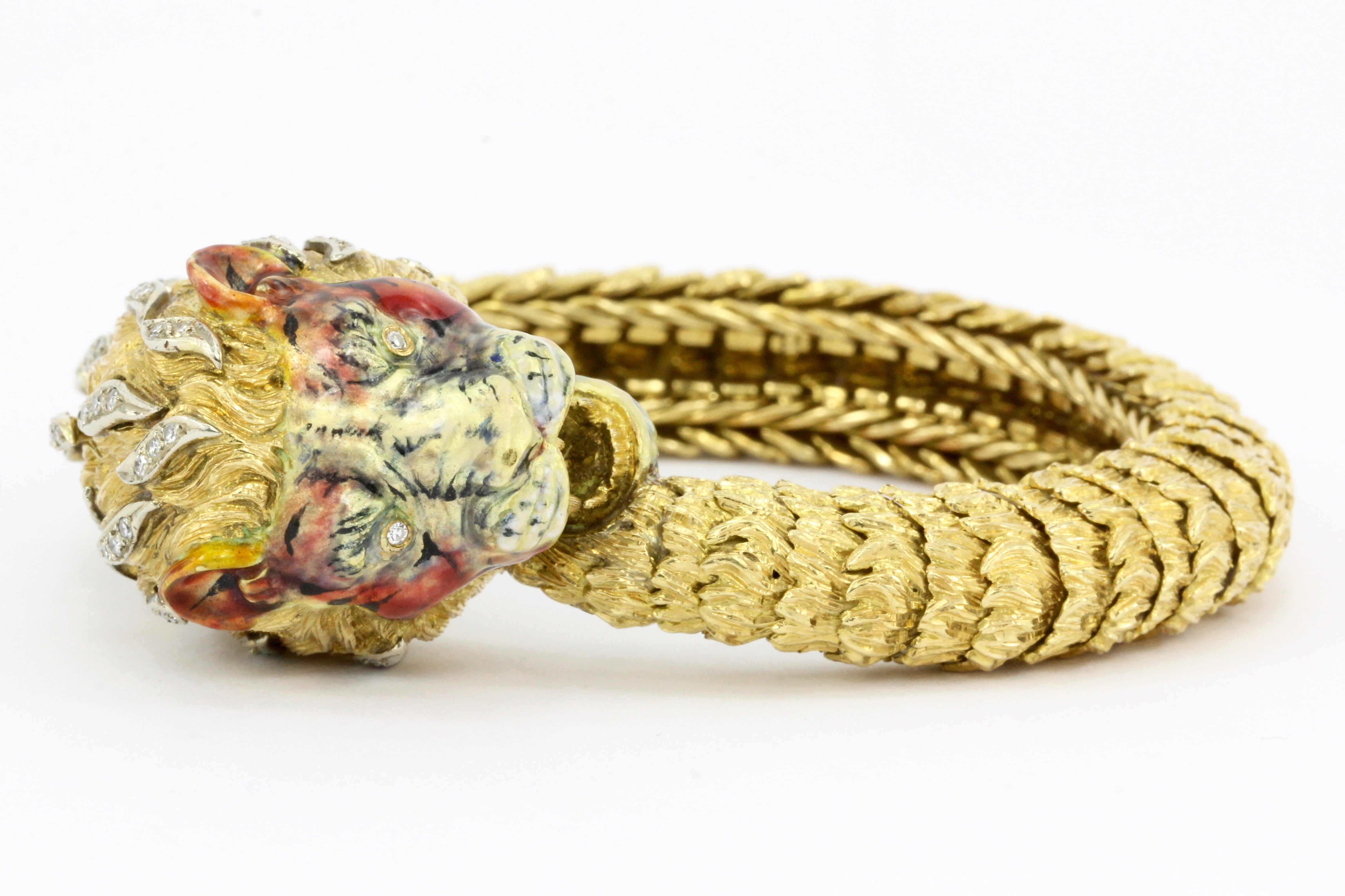 Retro 18K Yellow Gold Diamond & Enamel Lion Head Bracelet - Queen May