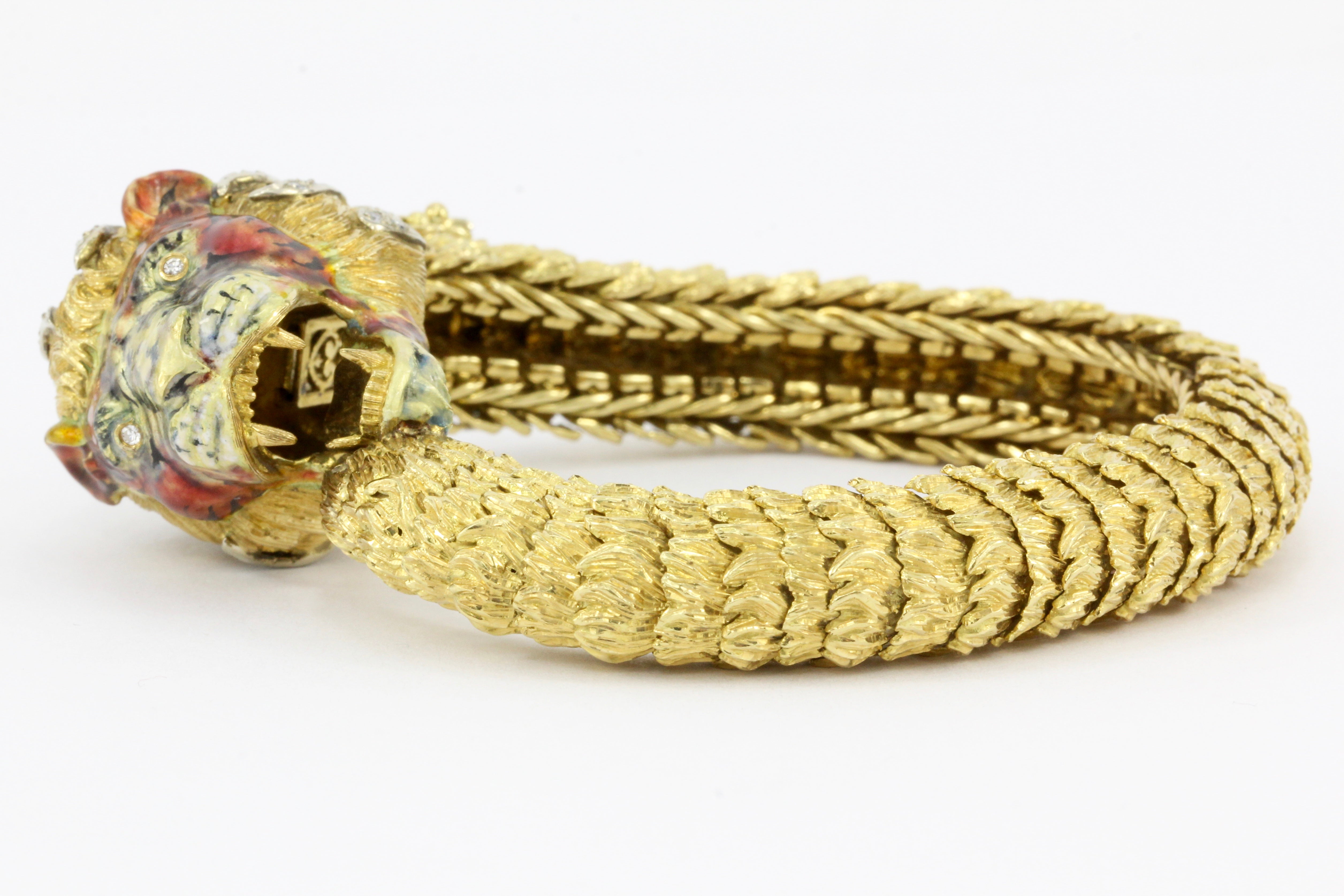 Retro 18K Yellow Gold Diamond & Enamel Lion Head Bracelet - Queen May