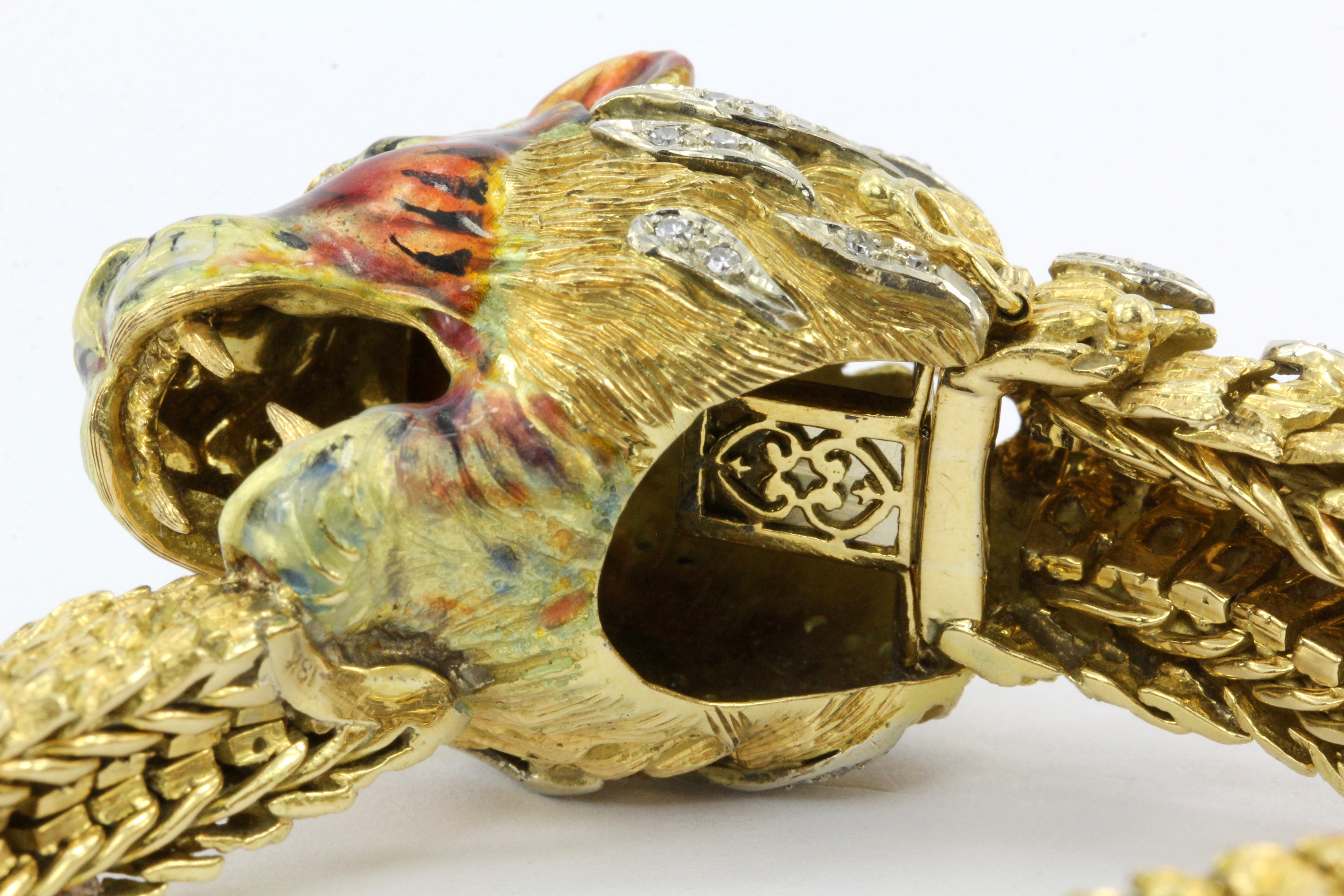 Retro 18K Yellow Gold Diamond & Enamel Lion Head Bracelet - Queen May