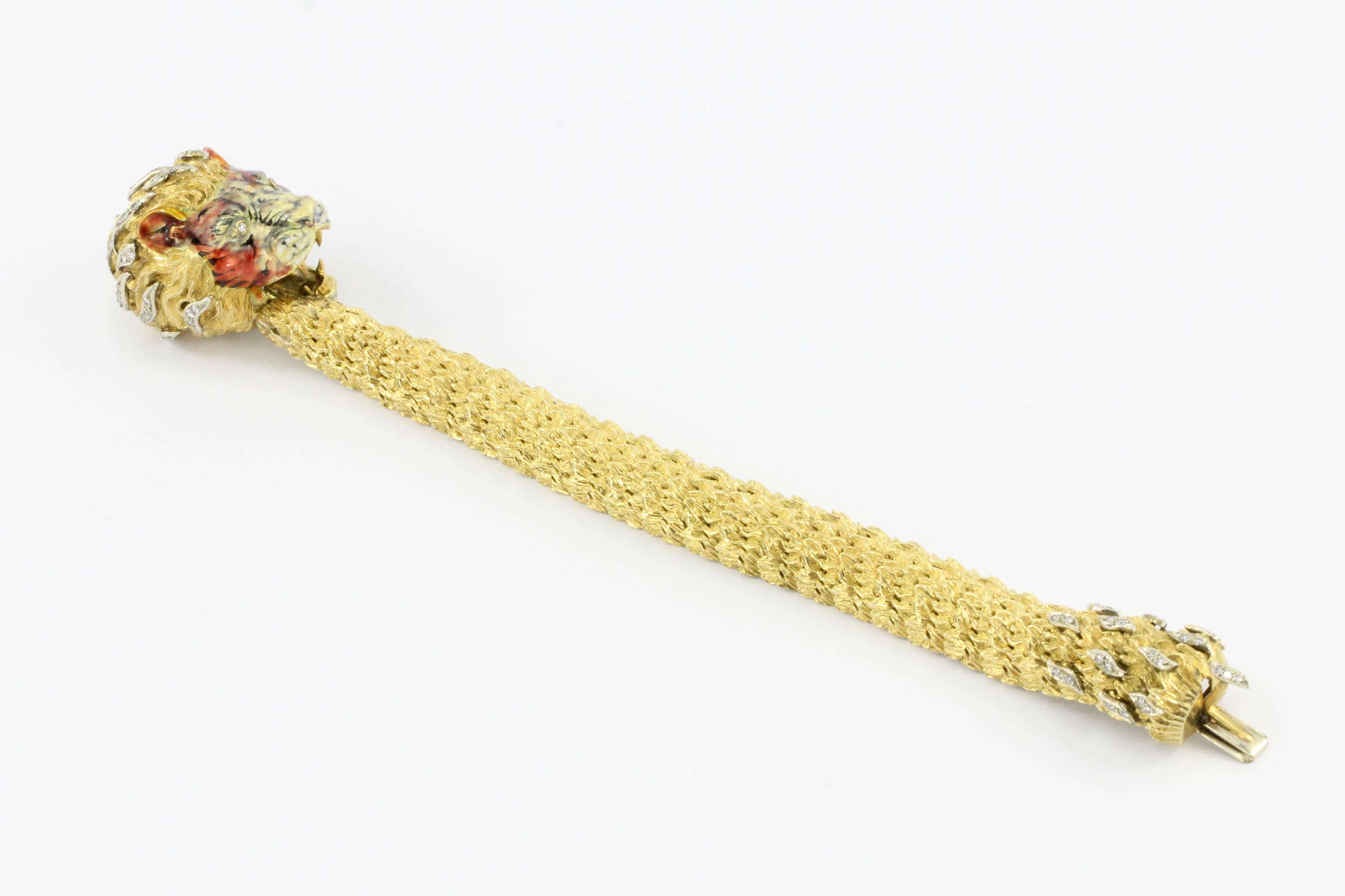 Retro 18K Yellow Gold Diamond & Enamel Lion Head Bracelet - Queen May