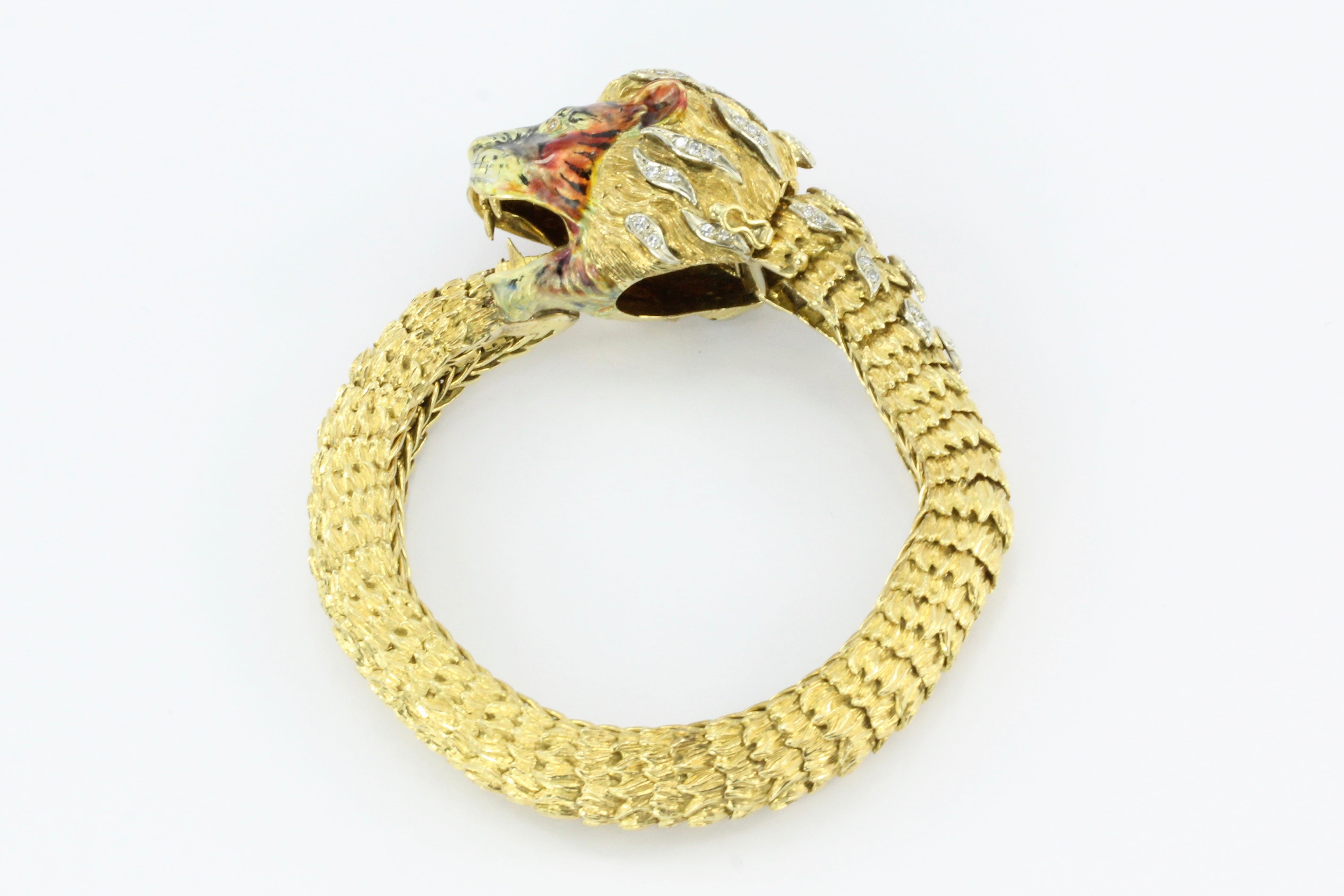 Retro 18K Yellow Gold Diamond & Enamel Lion Head Bracelet - Queen May