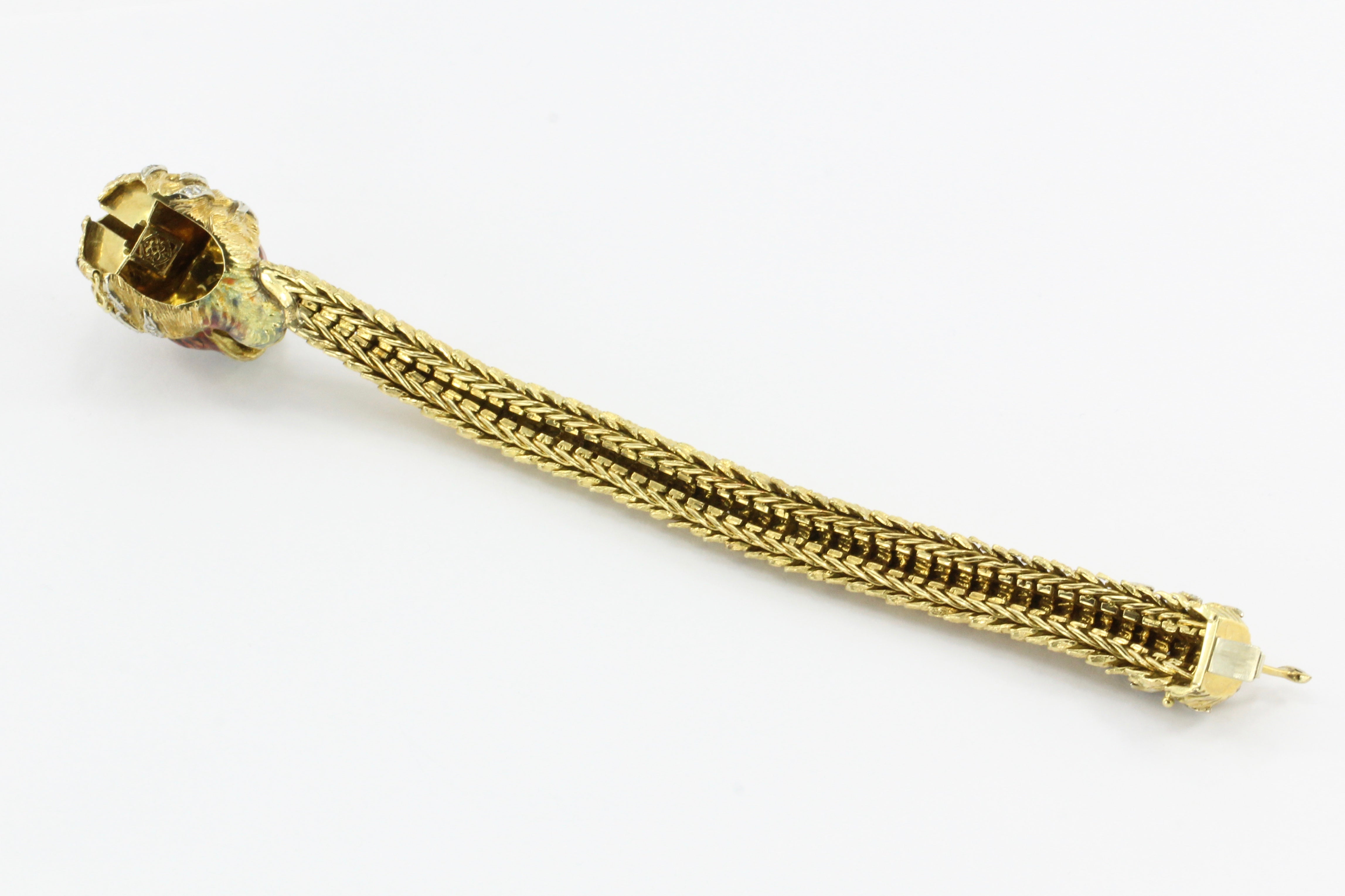 Retro 18K Yellow Gold Diamond & Enamel Lion Head Bracelet - Queen May