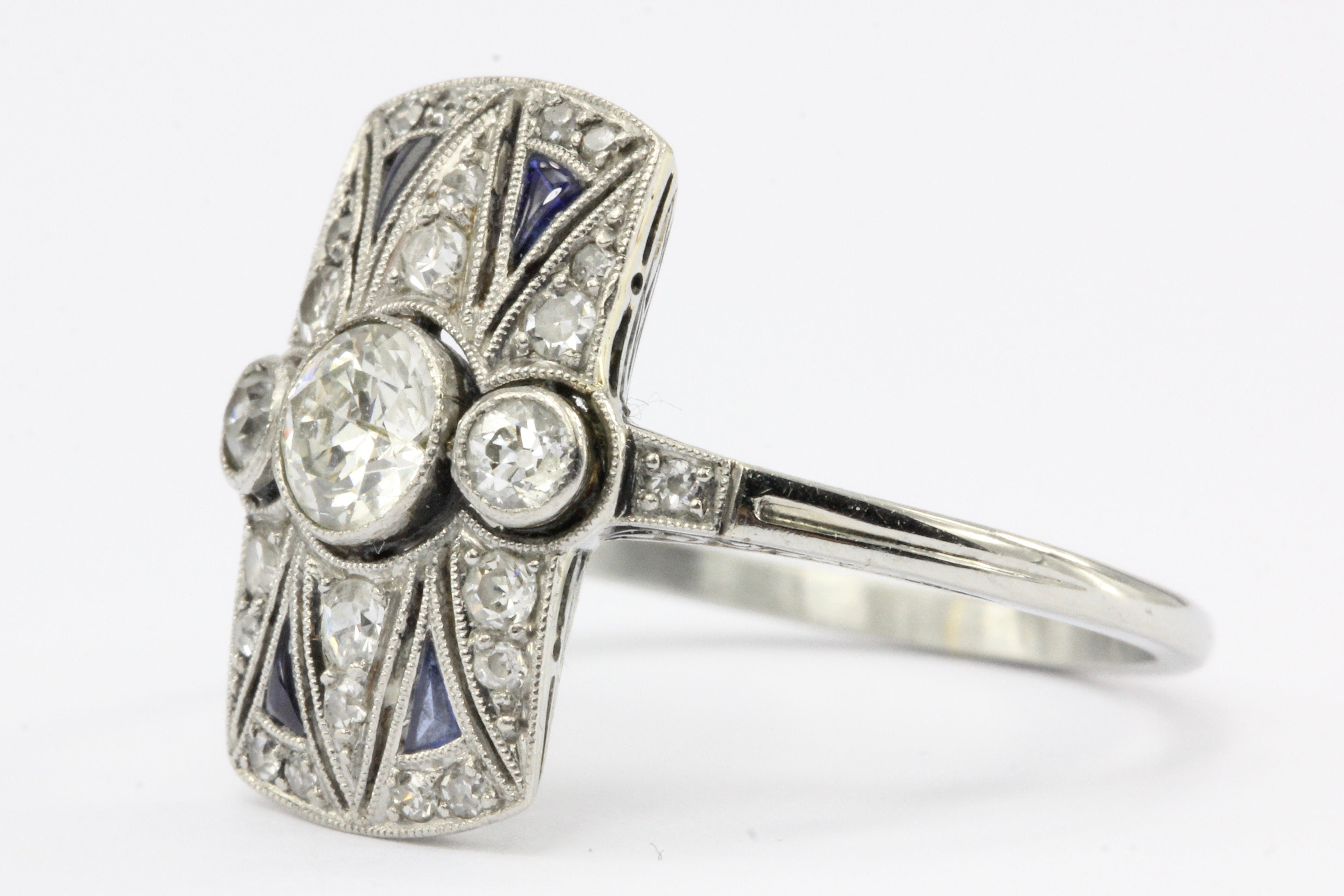 Art Deco 18K White Gold Diamond and Sapphire Ring - Queen May