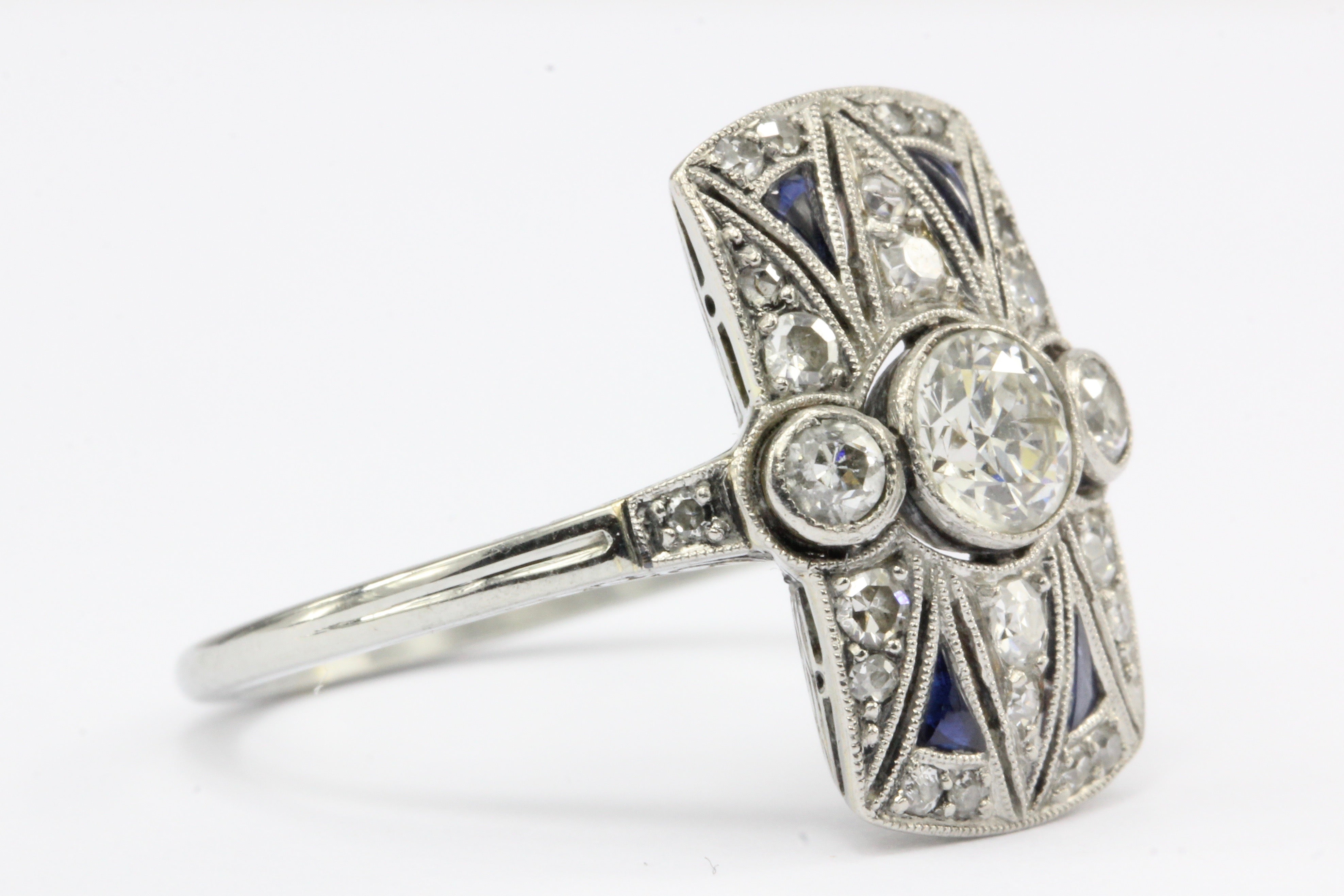 Art Deco 18K White Gold Diamond and Sapphire Ring - Queen May