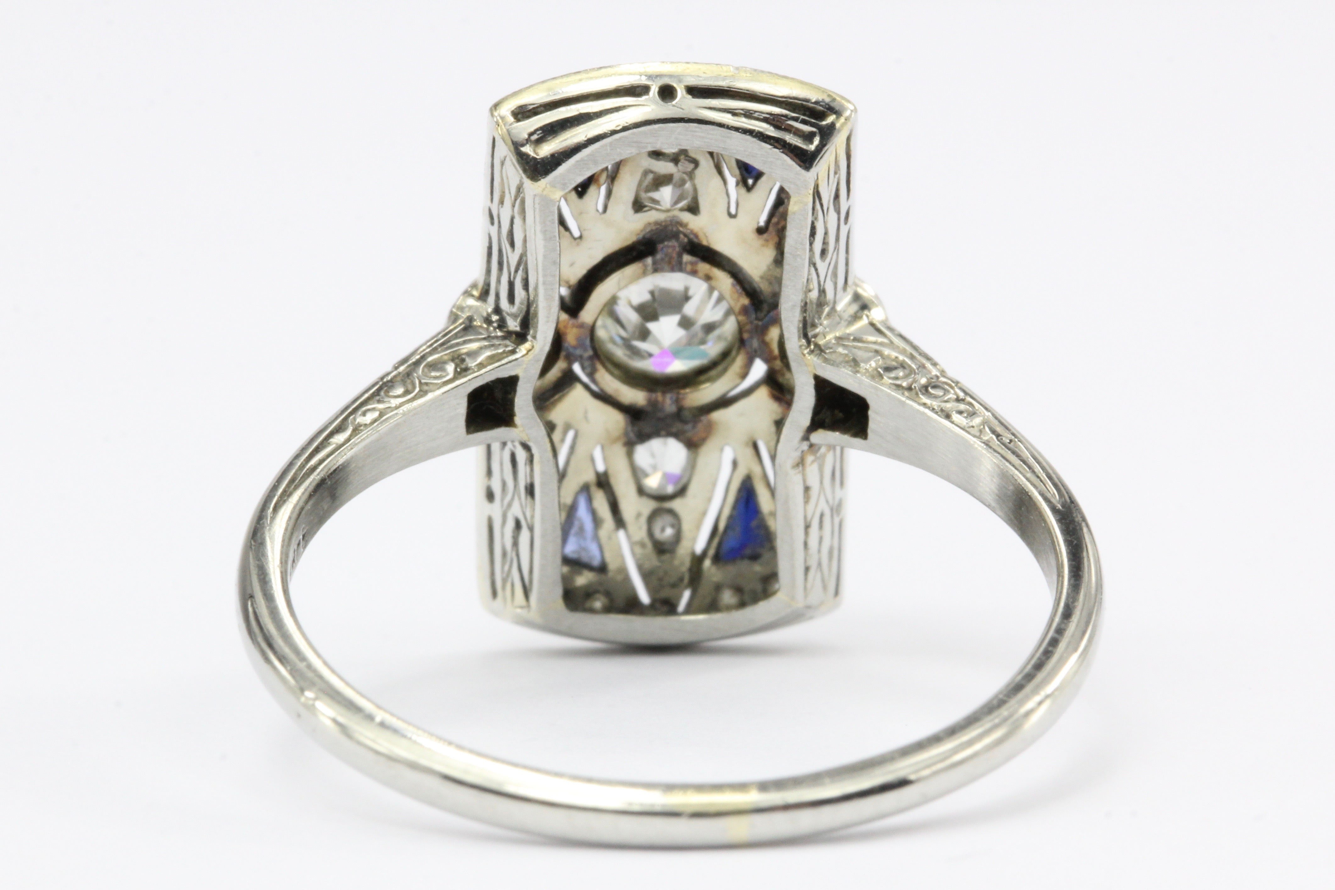 Art Deco 18K White Gold Diamond and Sapphire Ring - Queen May