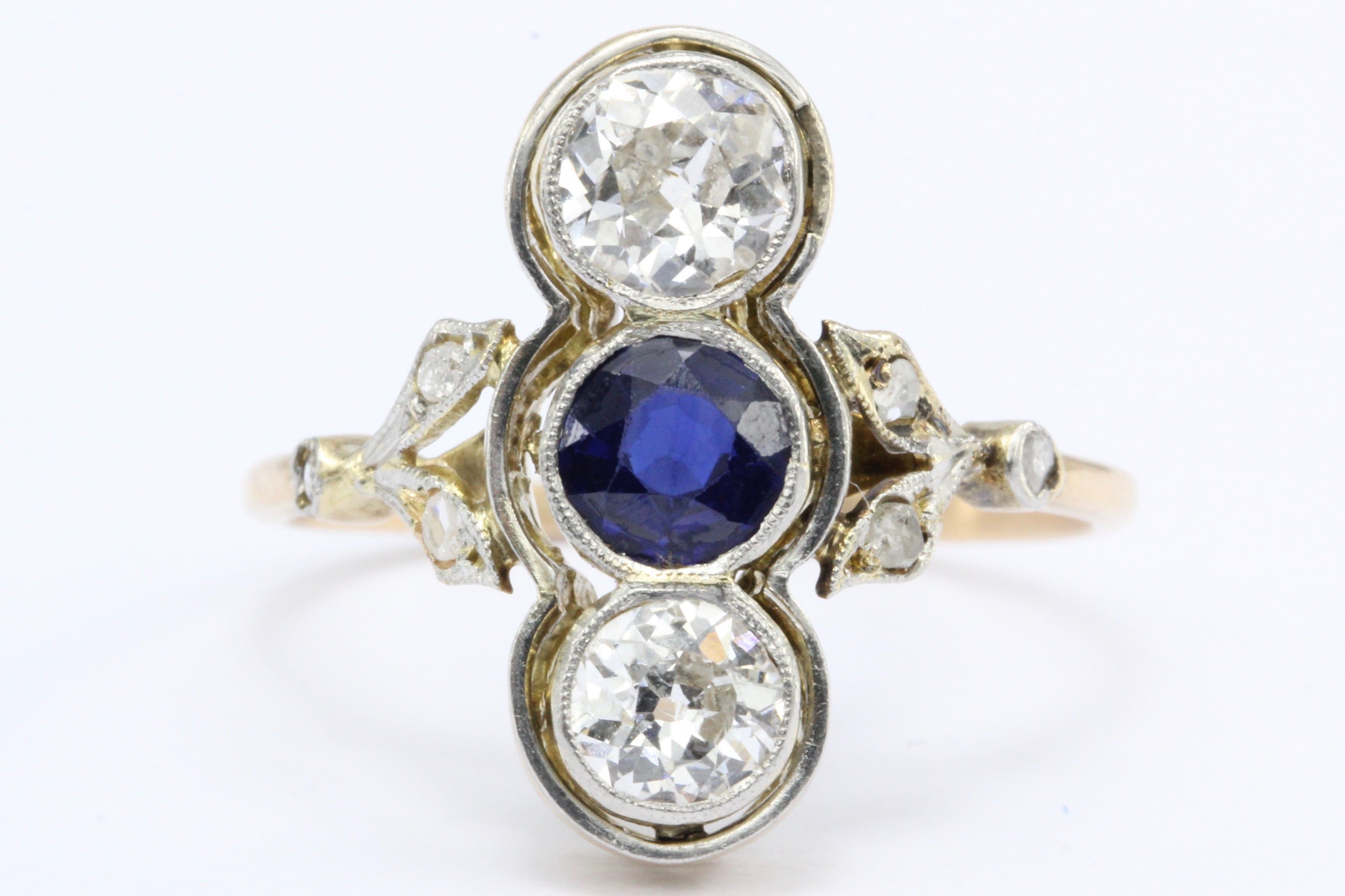 Edwardian 18K Yellow Gold Platinum Top Diamond and Sapphire Three Stone Ring - Queen May