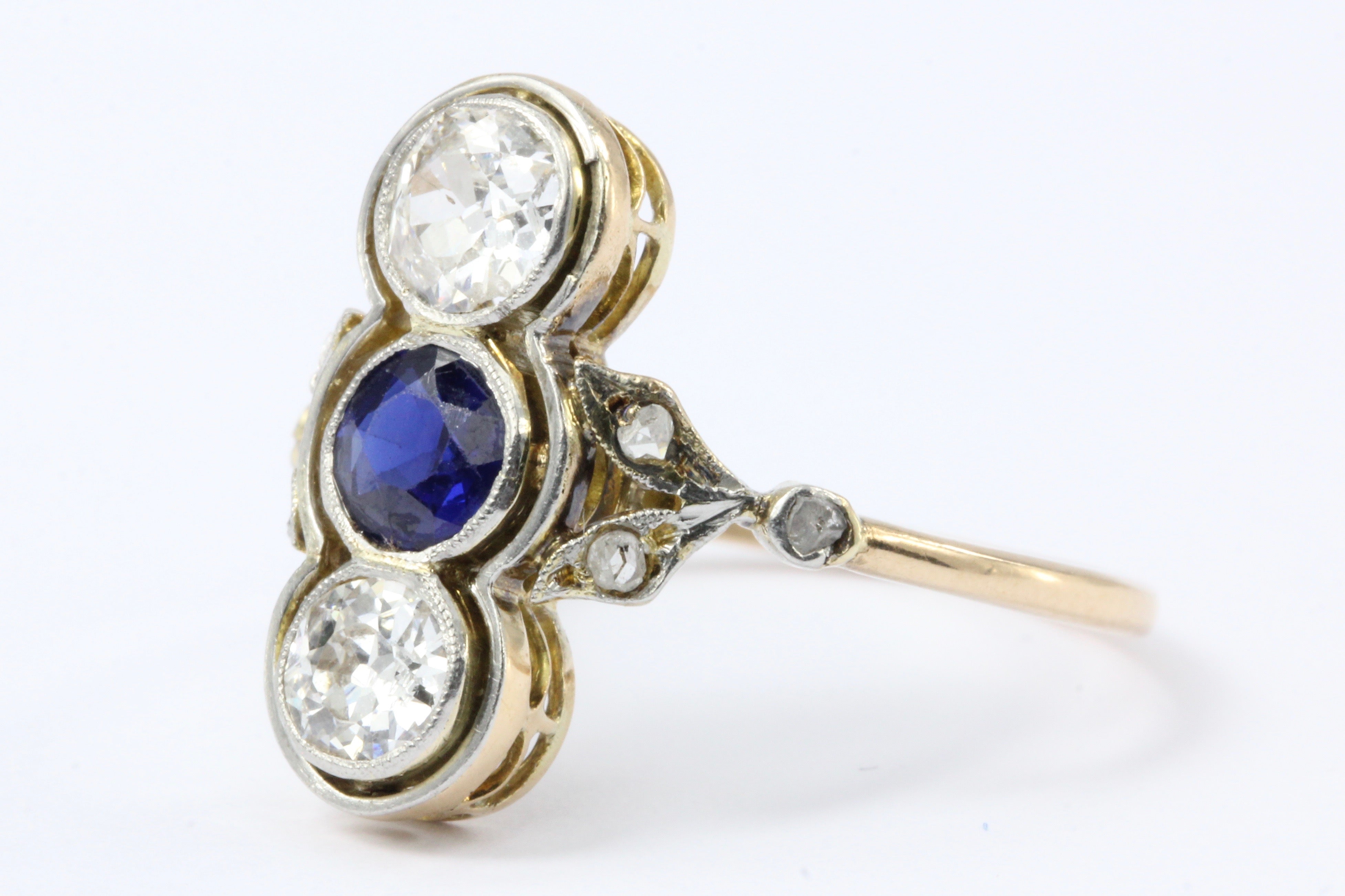 Edwardian 18K Yellow Gold Platinum Top Diamond and Sapphire Three Stone Ring - Queen May