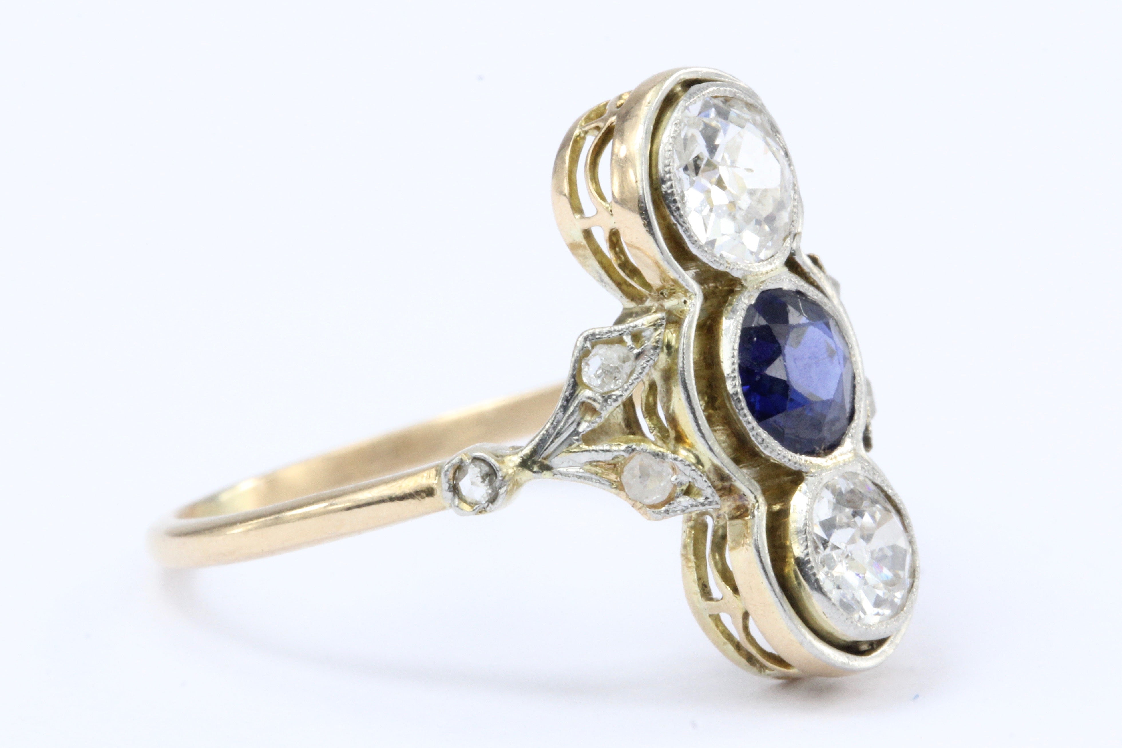 Edwardian 18K Yellow Gold Platinum Top Diamond and Sapphire Three Stone Ring - Queen May