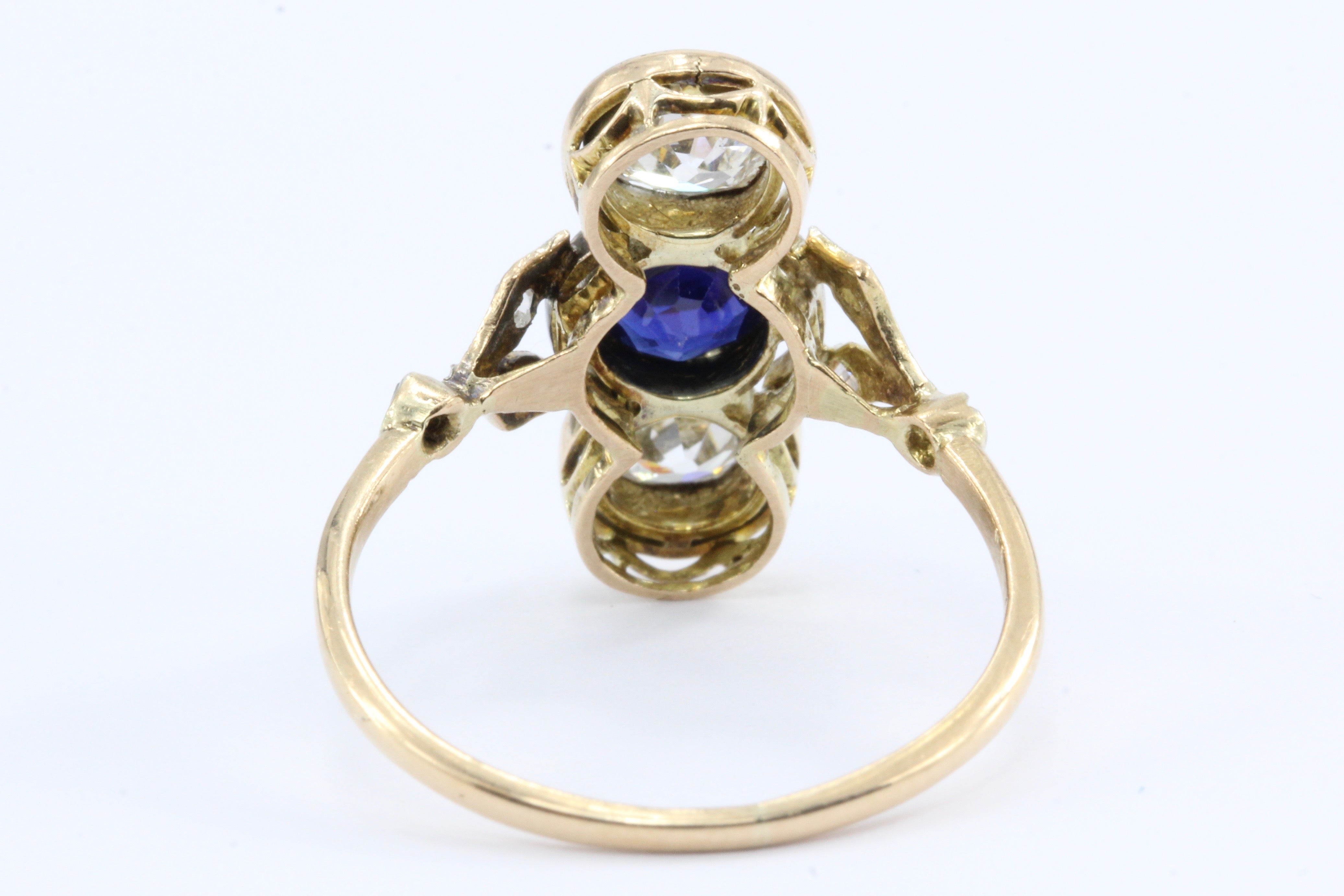 Edwardian 18K Yellow Gold Platinum Top Diamond and Sapphire Three Stone Ring - Queen May
