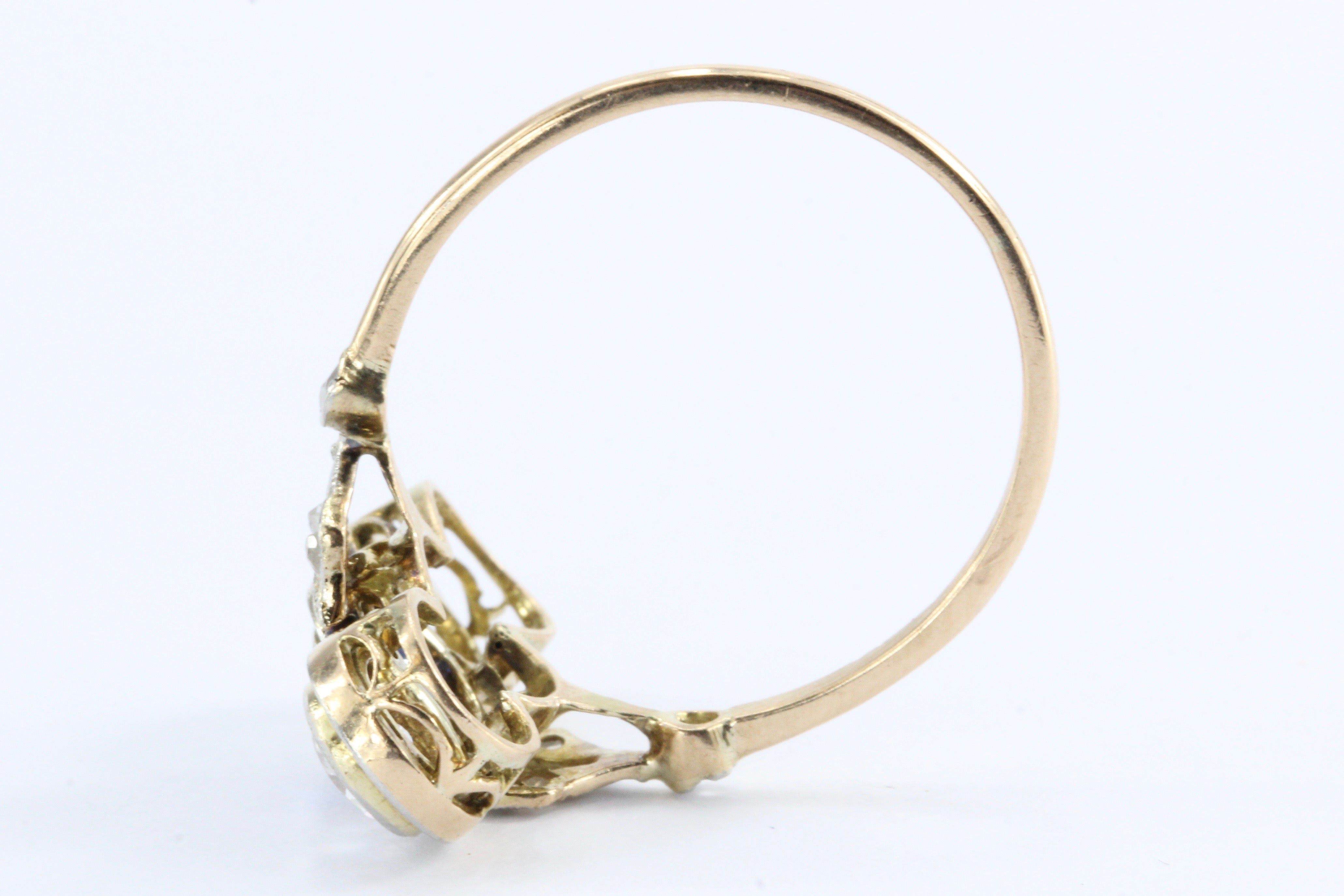 Edwardian 18K Yellow Gold Platinum Top Diamond and Sapphire Three Stone Ring - Queen May
