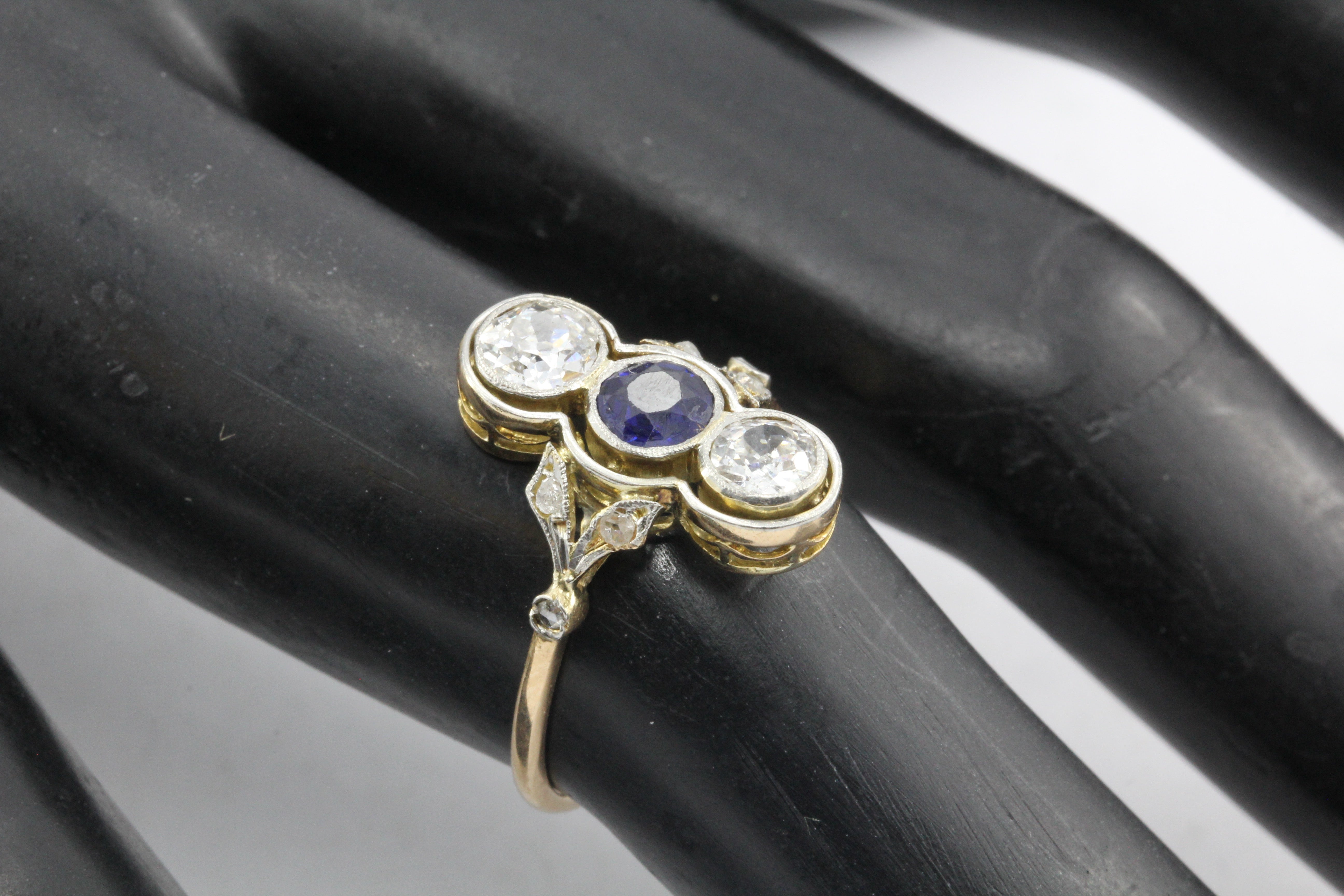 Edwardian 18K Yellow Gold Platinum Top Diamond and Sapphire Three Stone Ring - Queen May
